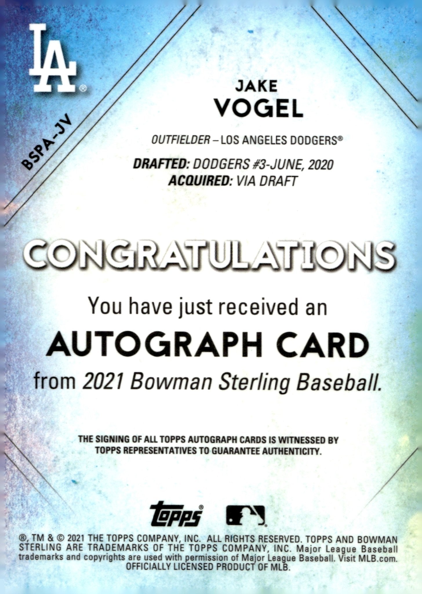 Jake Vogel 2021 Bowman Sterling Auto BSPA - JV - Collector Store LLC