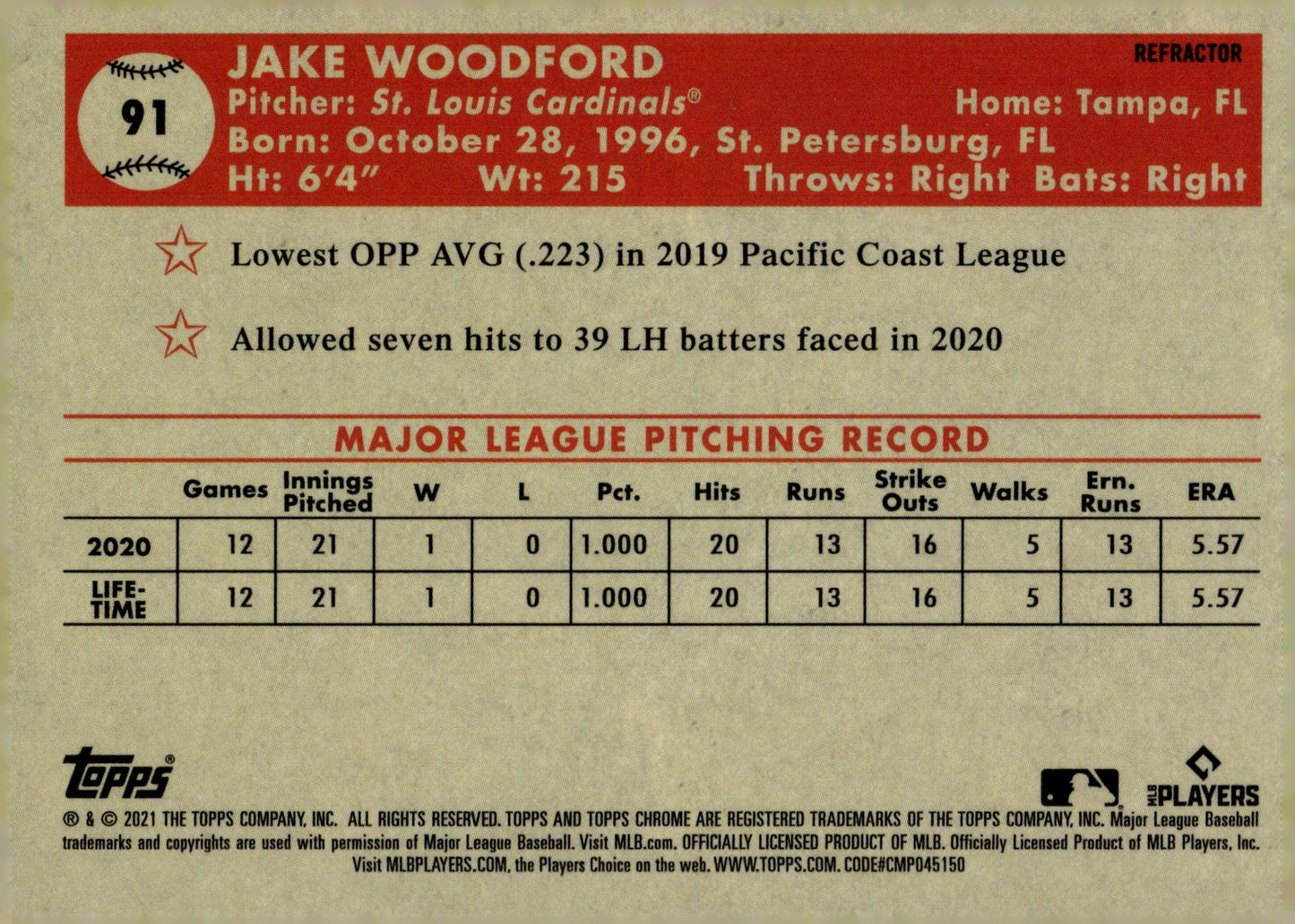 Jake Woodford 2021 Topps Chrome Platinum Refractor RC 91 - Collector Store LLC