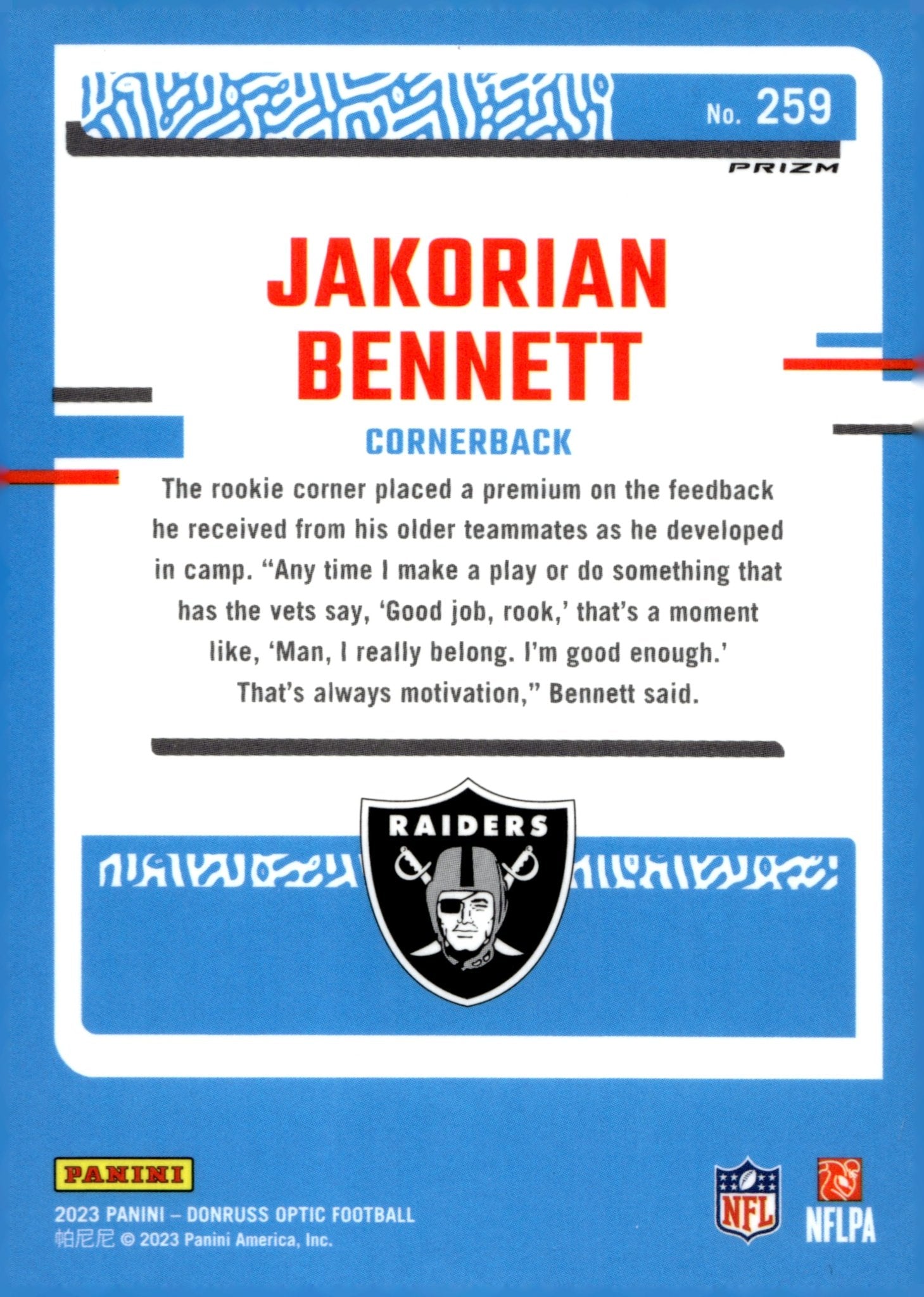 Jakorian Bennett 2023 Panini Donruss Optic Rated Rookie Blue Prism Prizm RC #259 - Collector Store LLC