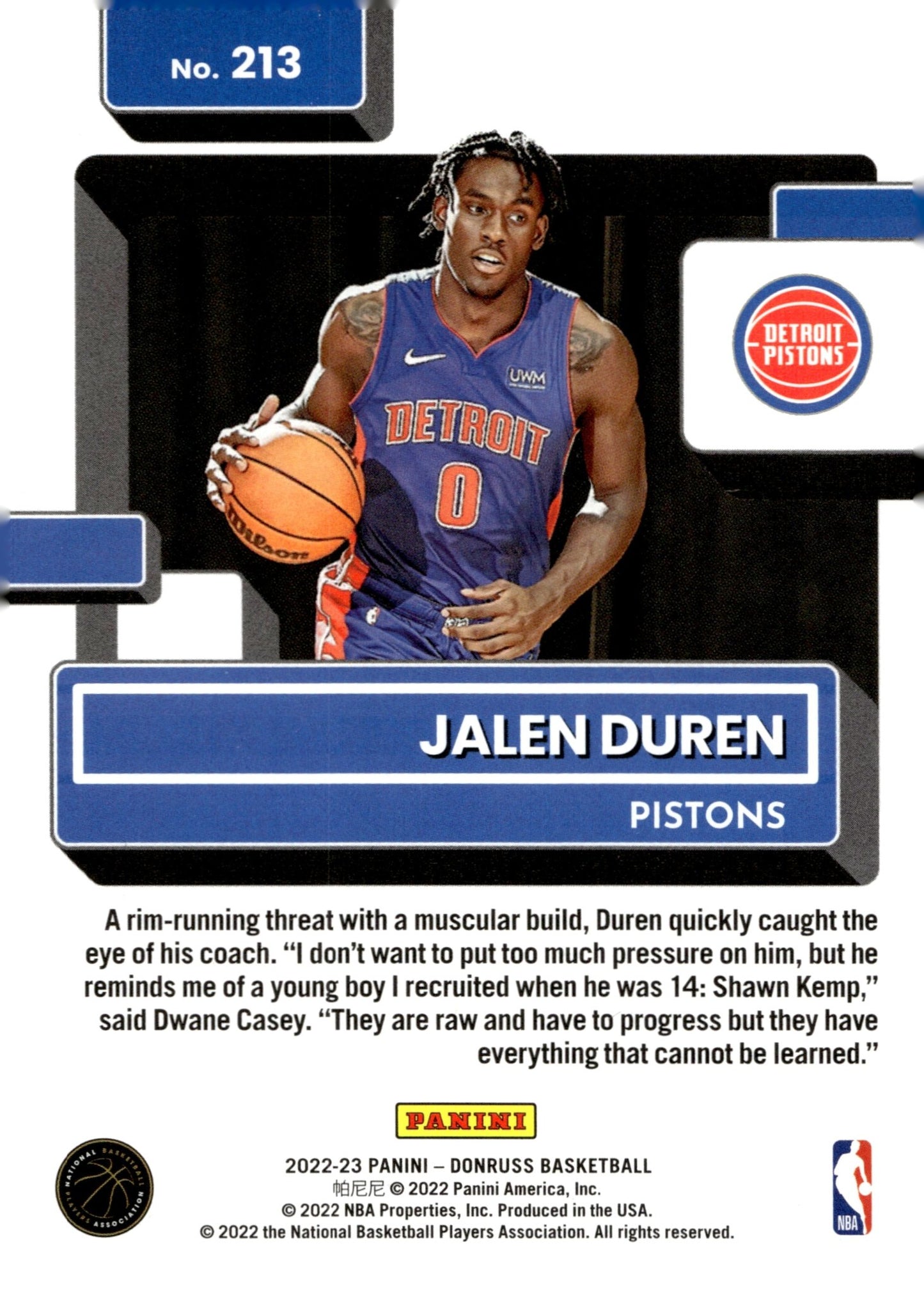 Jalen Duren 2022 - 23 Panini Donruss Rated Rookie RC #213 - Collector Store LLC