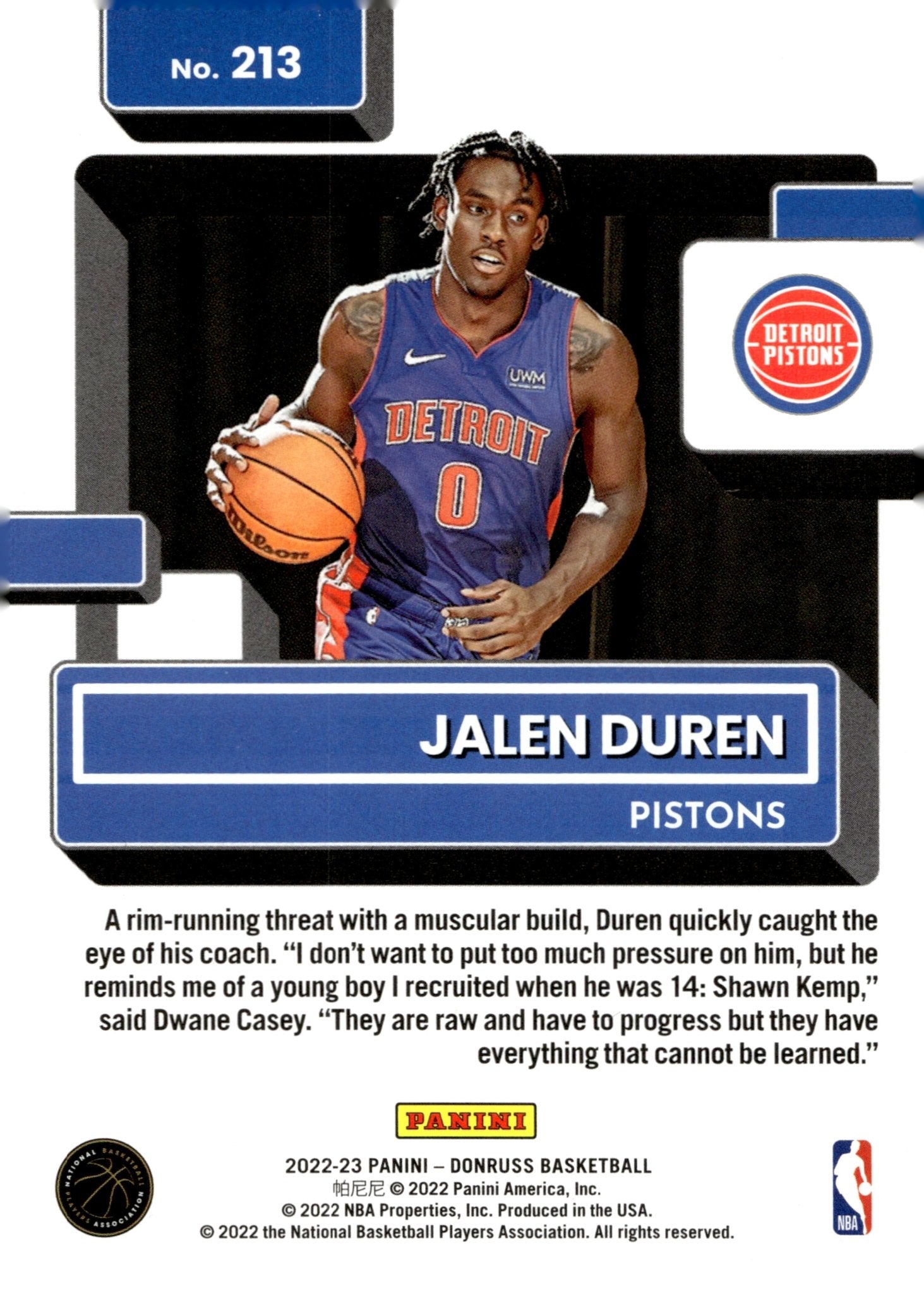 Jalen Duren 2022 - 23 Panini Donruss Rated Rookie RC #213 - Collector Store LLC
