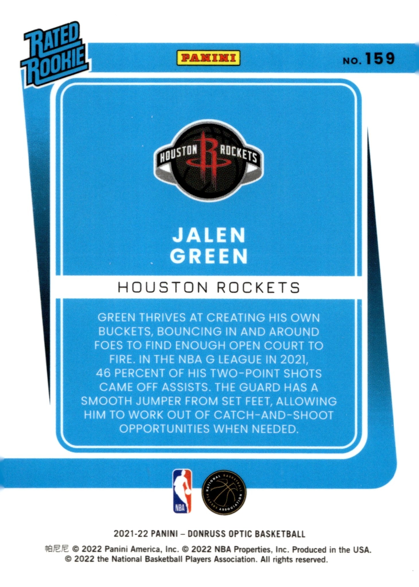 Jalen Green 2021 - 22 Panini Donruss Optic Rated Rookie RC #159 #2 - Collector Store LLC