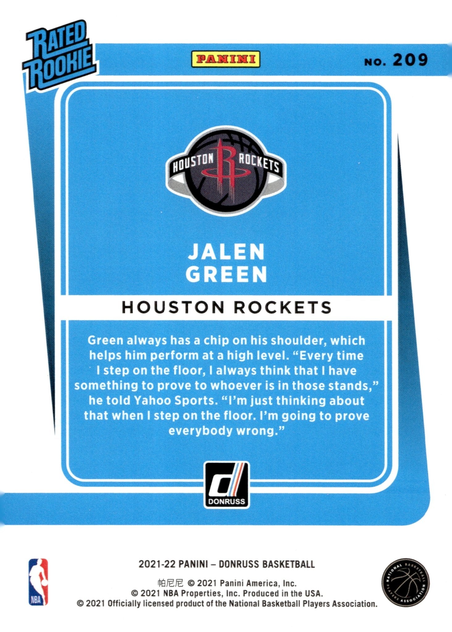 Jalen Green 2021 - 22 Panini Donruss Rated Rookie RC #209 - Collector Store LLC