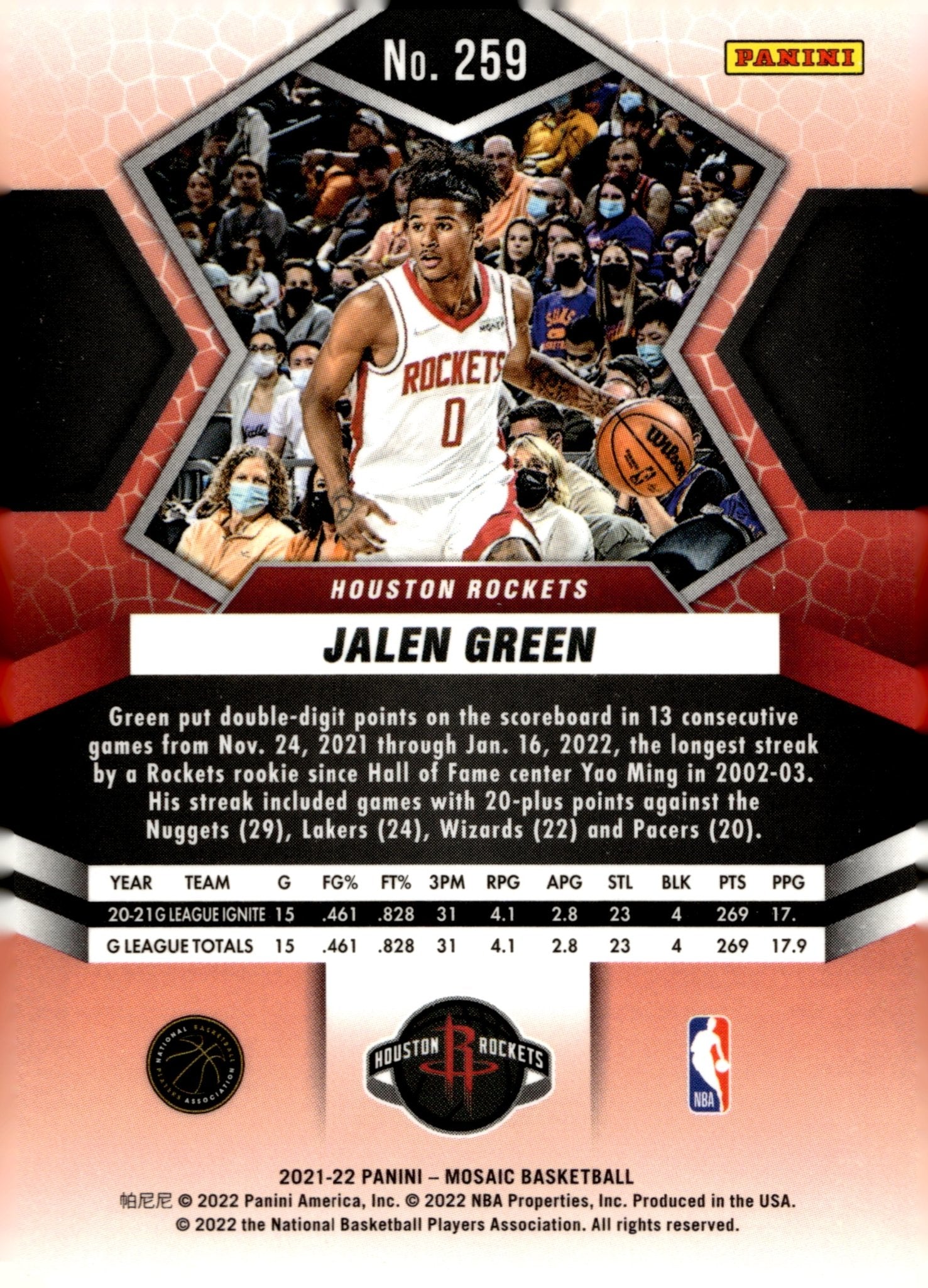 Jalen Green 2021 - 22 Panini Mosaic National Pride RC #259 #1 - Collector Store LLC