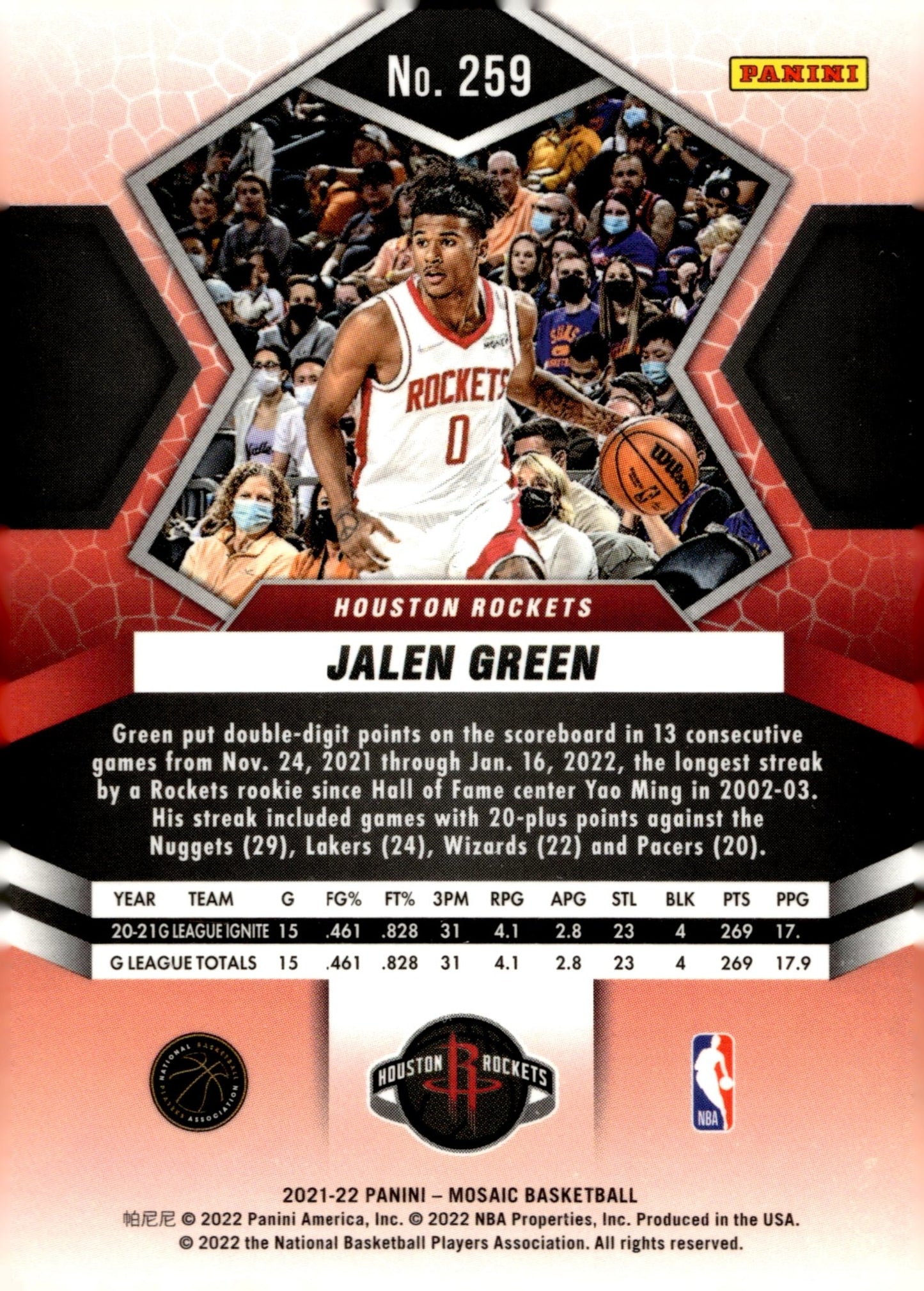 Jalen Green 2021 - 22 Panini Mosaic National Pride RC #259 #2 - Collector Store LLC