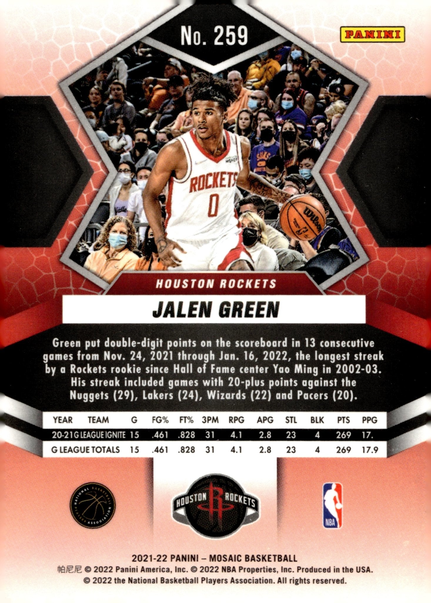 Jalen Green 2021 - 22 Panini Mosaic National Pride RC #259 #2 - Collector Store LLC