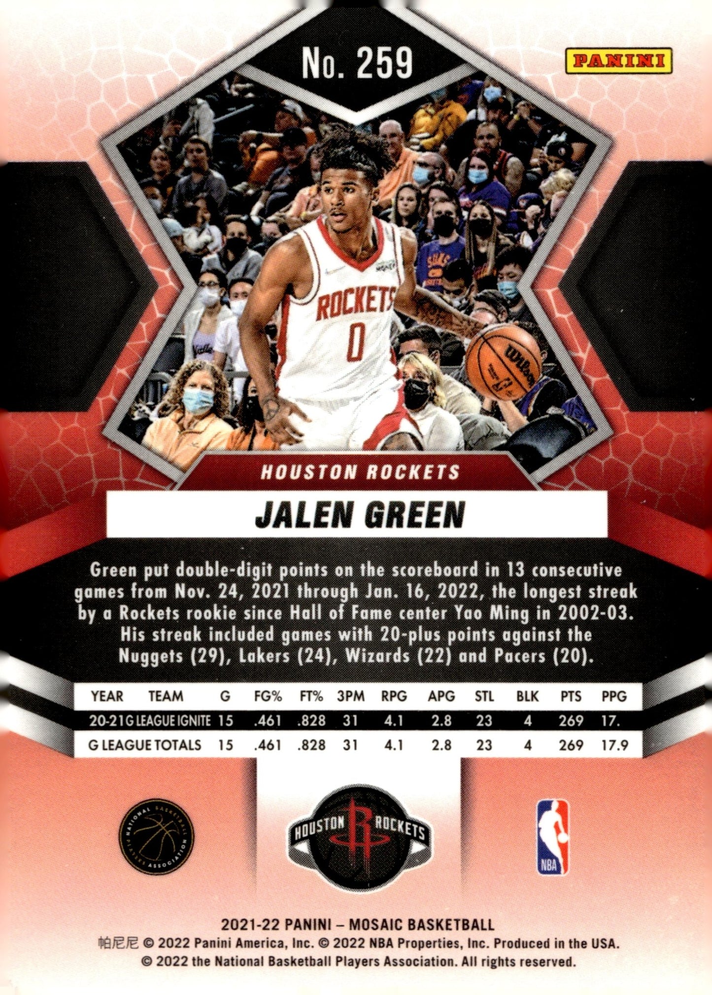 Jalen Green 2021 - 22 Panini Mosaic National Pride RC #259 #3 - Collector Store LLC