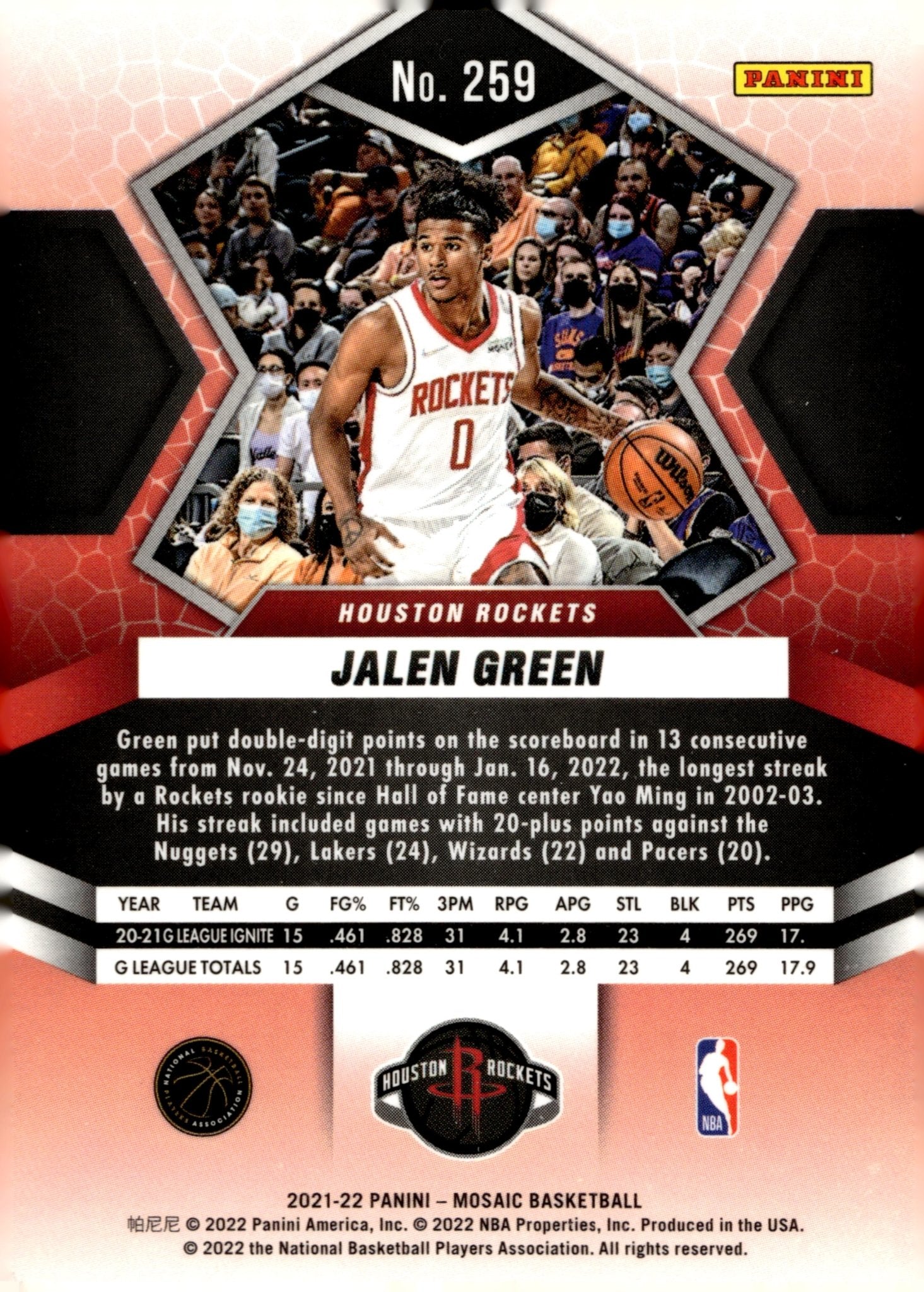 Jalen Green 2021 - 22 Panini Mosaic National Pride RC #259 #3 - Collector Store LLC