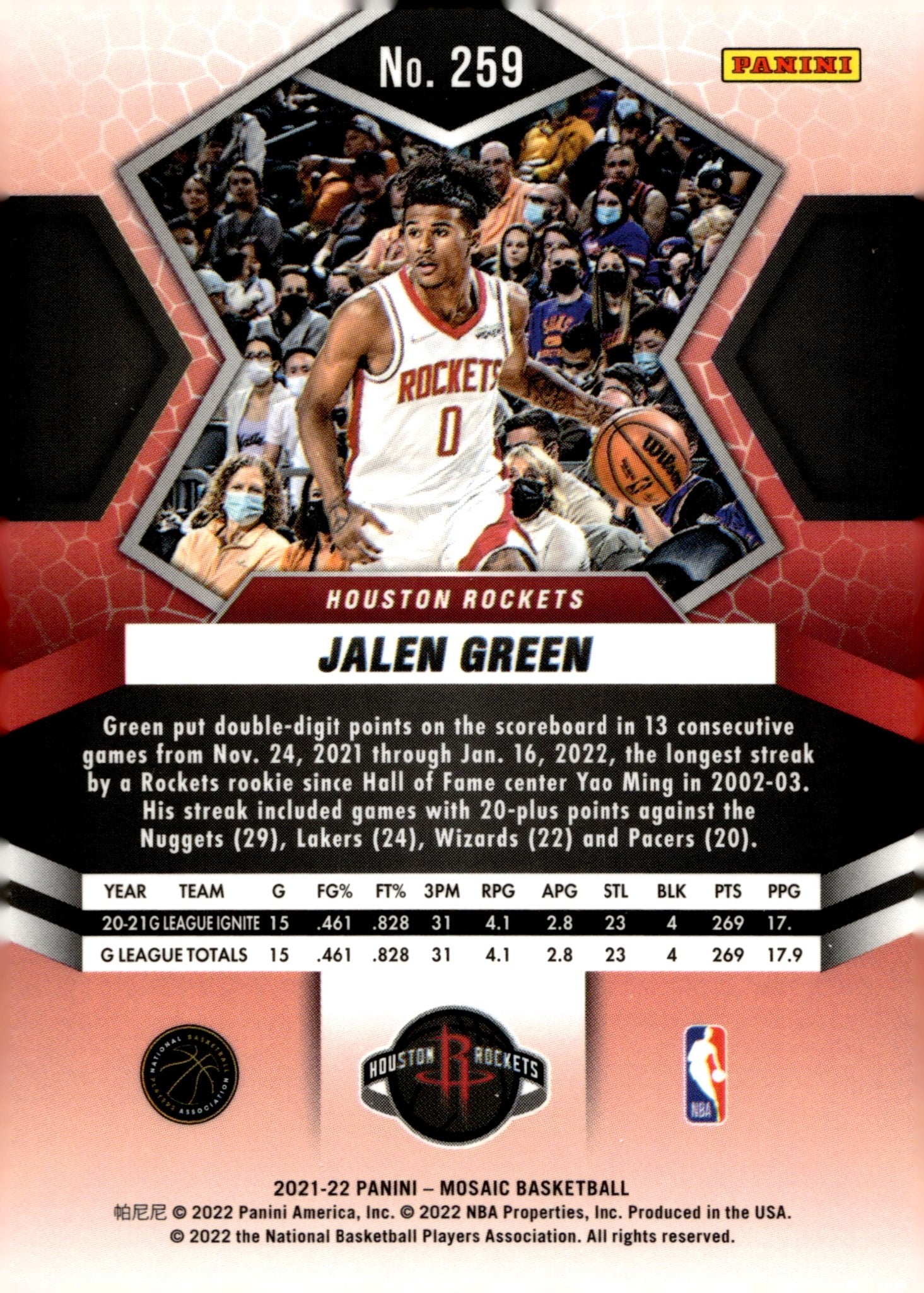 Jalen Green 2021 - 22 Panini Mosaic National Pride RC #259 #4 - Collector Store LLC