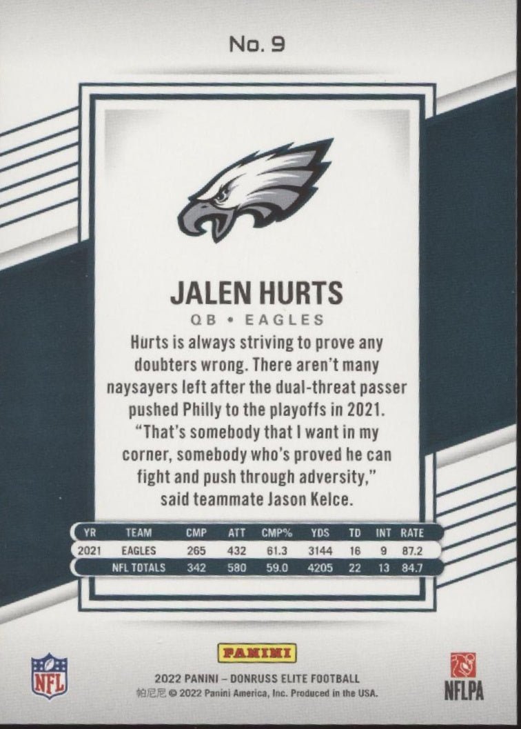Jalen Hurts 2022 Panini Donruss Elite Status Blue 139/275 9 - Collector Store LLC