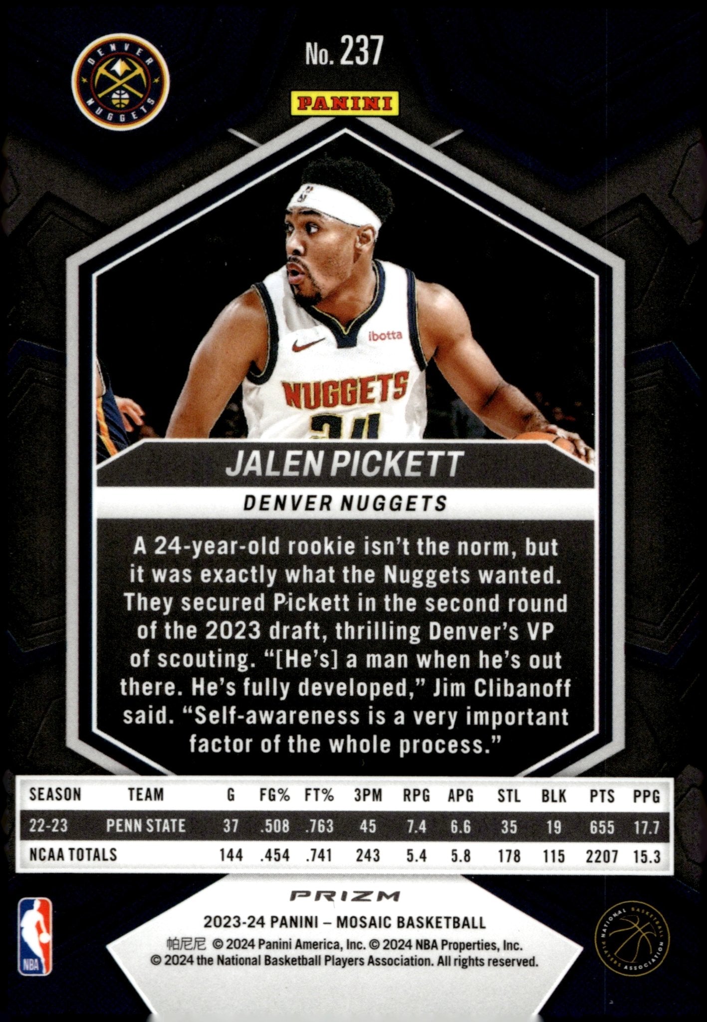 Jalen Pickett 2023 - 24 Panini Mosaic Prizm RC #237 - Collector Store LLC