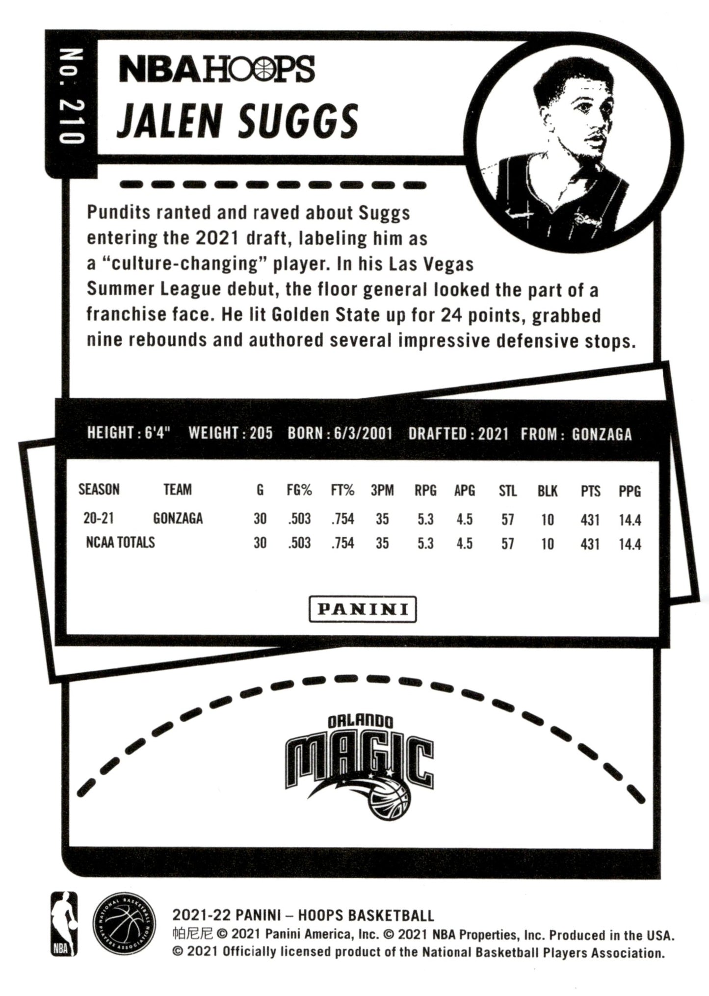 Jalen Suggs 2021 - 22 Panini Hoops RC #210 #4 - Collector Store LLC