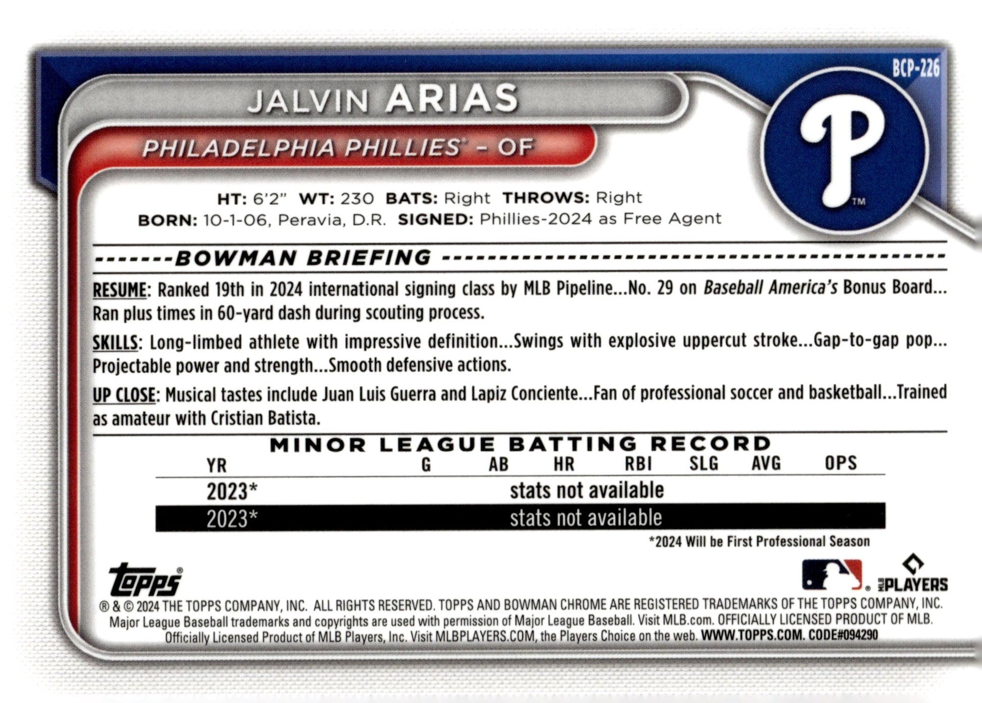 Jalvin Arias 2024 Bowman Chrome Purple Mojo Refractor 198/250 #BCP - 226 #2 - Collector Store LLC