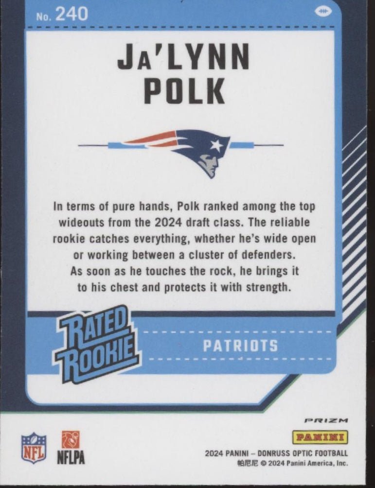 Ja'Lynn Polk 2024 Panini Donruss Optic Rated Rookie Pink Prizm RC #240 #2 - Collector Store LLC