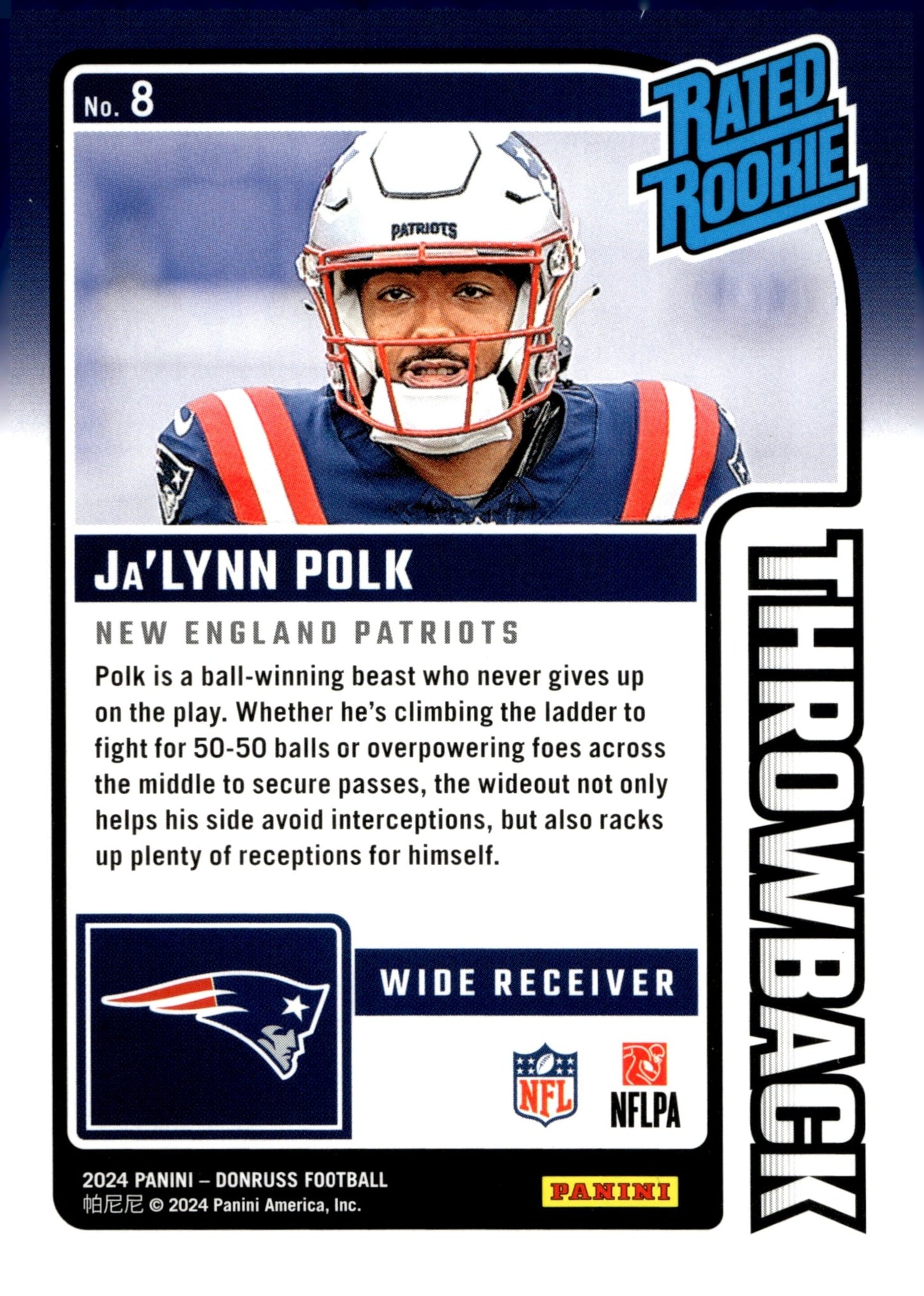 Ja'Lynn Polk 2024 Panini Donruss Rated Rookie Throwback RC #8 - Collector Store LLC