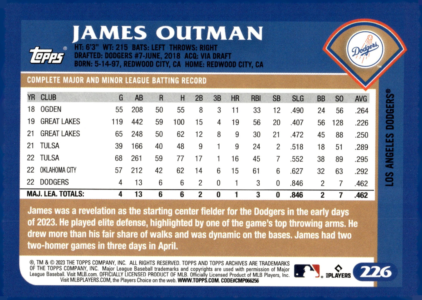 James Outman 2023 Topps Archives Blue RC 226 - Collector Store LLC
