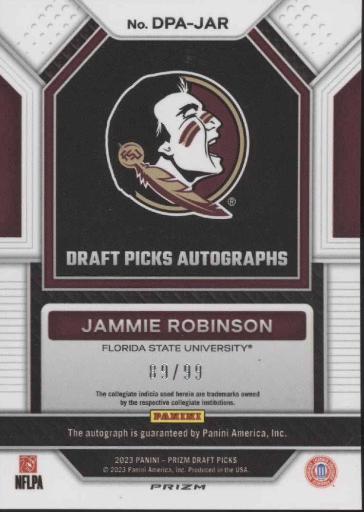 Jammie Robinson 2023 Panini Prizm Draft Picks Purple Ice Prizm Auto 89/99 - Collector Store LLC