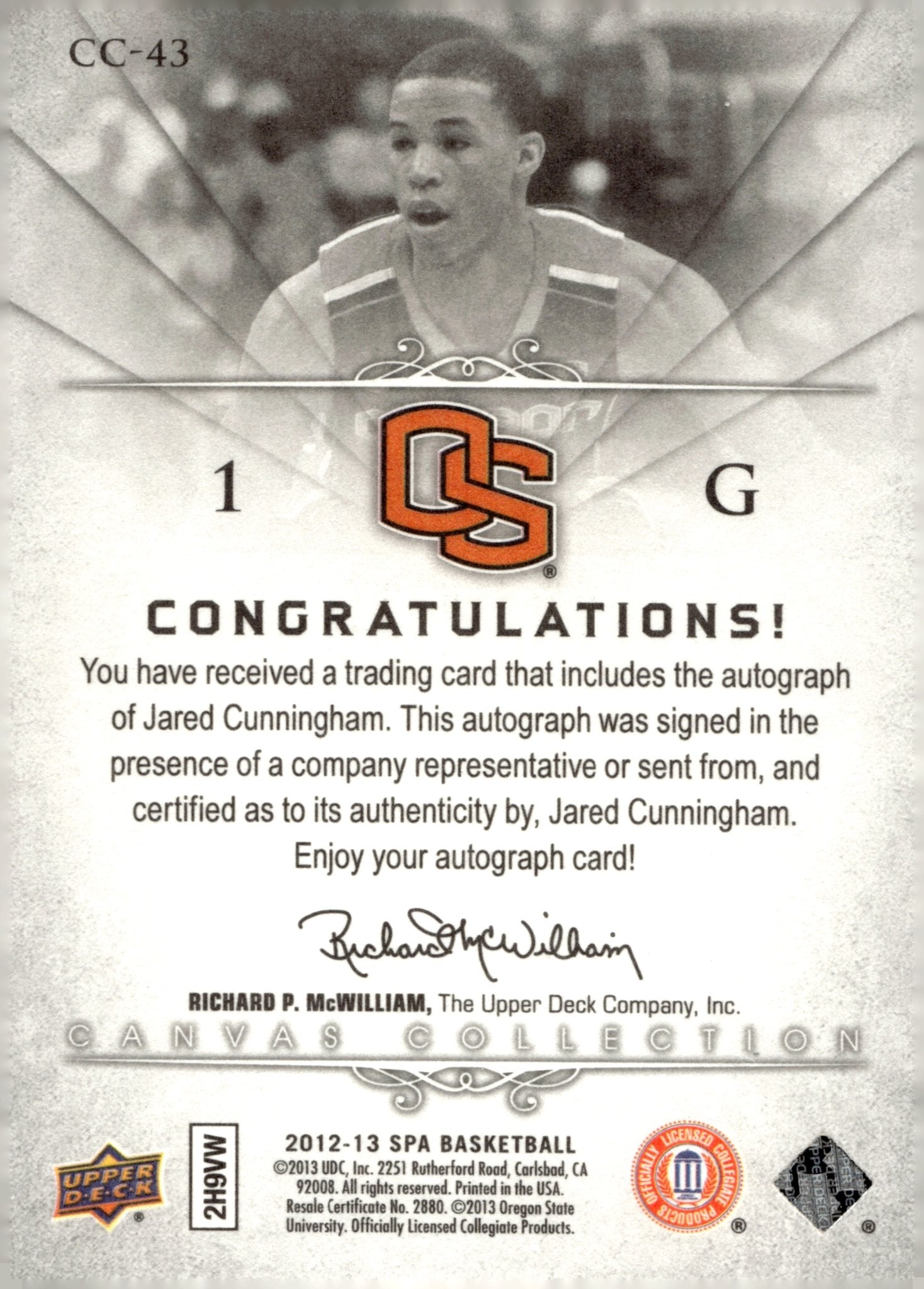 Jared Cunningham 2012 - 13 Upper Deck SP Authentic Auto #CC - 43 - Collector Store LLC