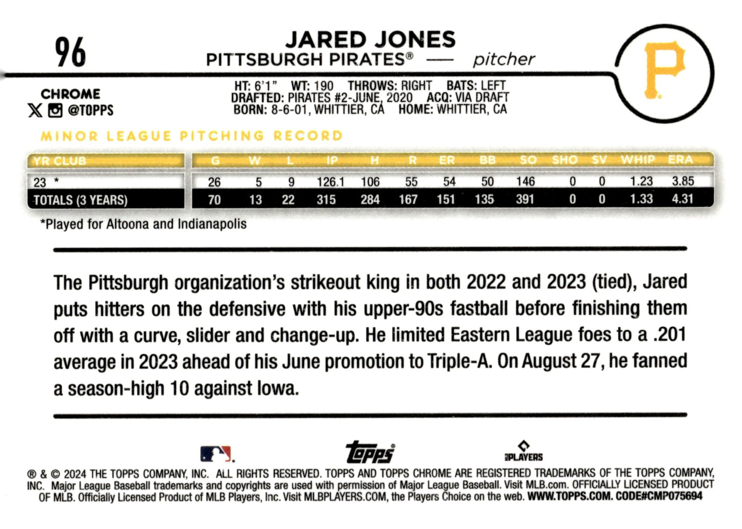 Jared Jones 2024 Topps Chrome Hyper Refractor RC 96 - Collector Store LLC