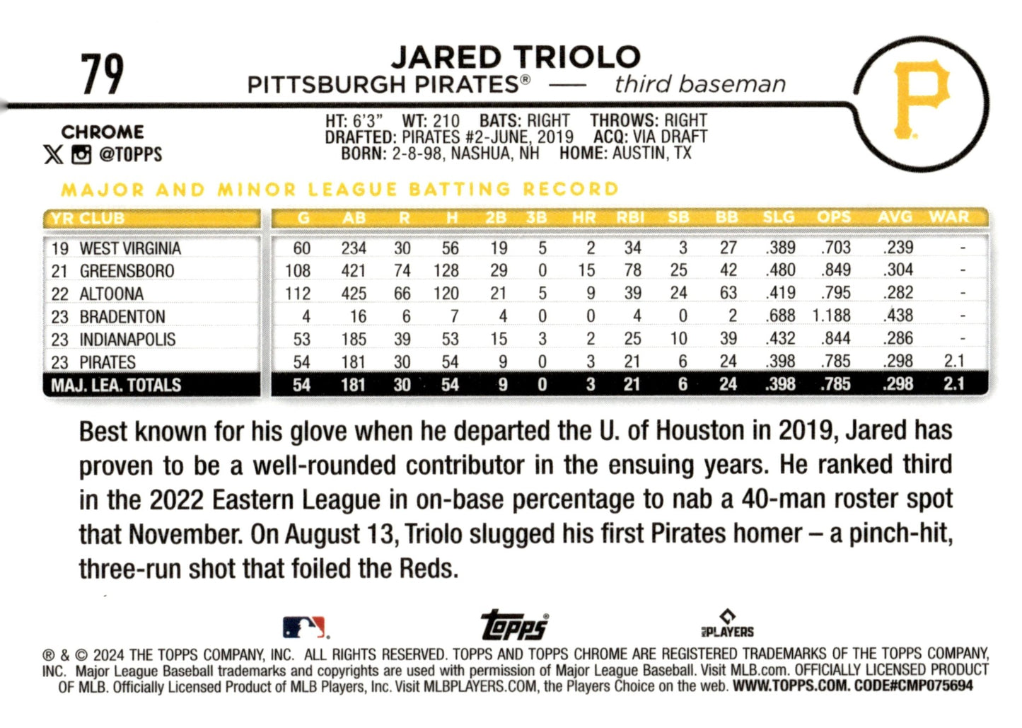 Jared Triolo 2024 Topps Chrome RC 79 - Collector Store LLC