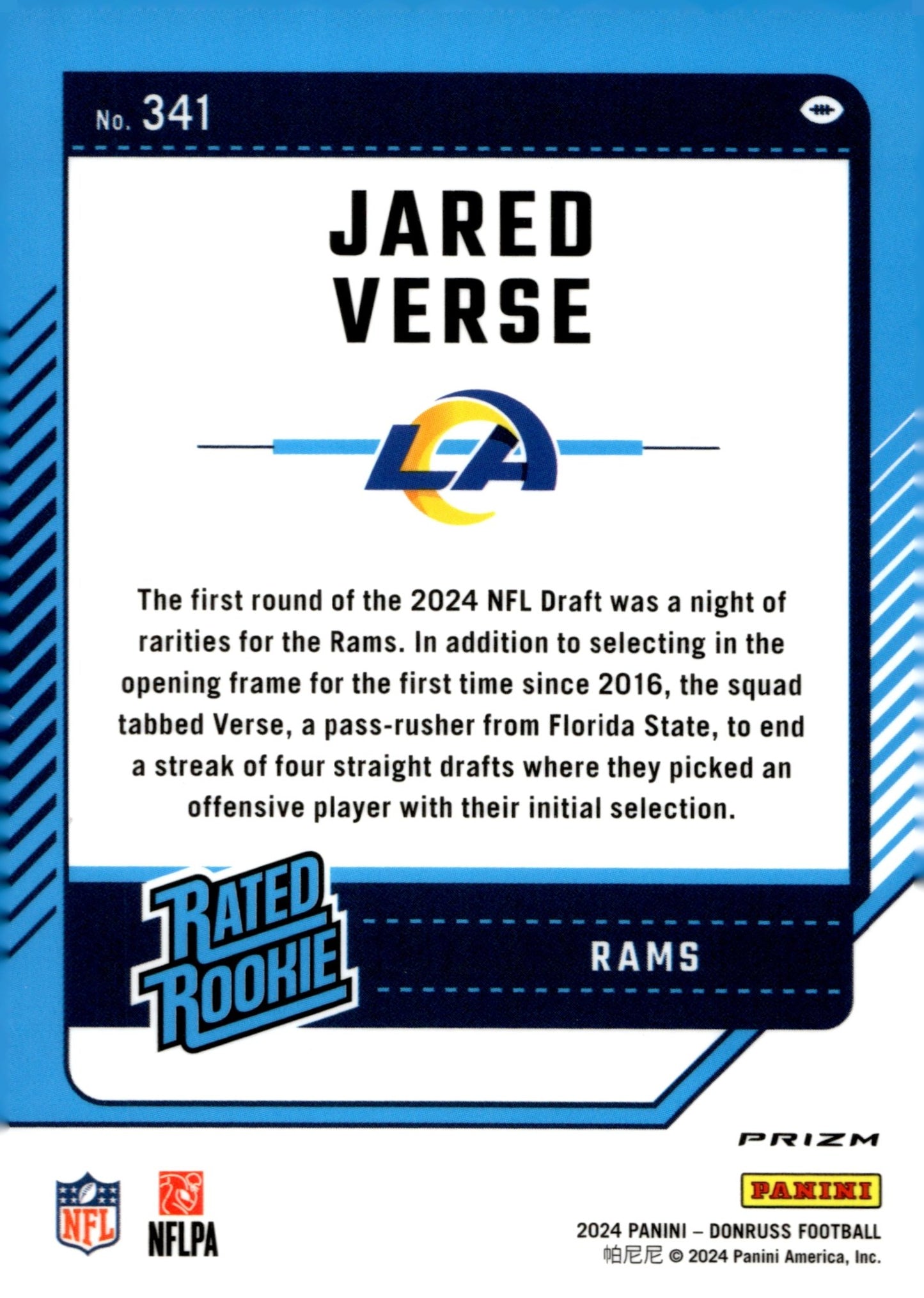 Jared Verse 2024 Panini Donruss Rated Rookie Pink Prizm RC #341 - Collector Store LLC