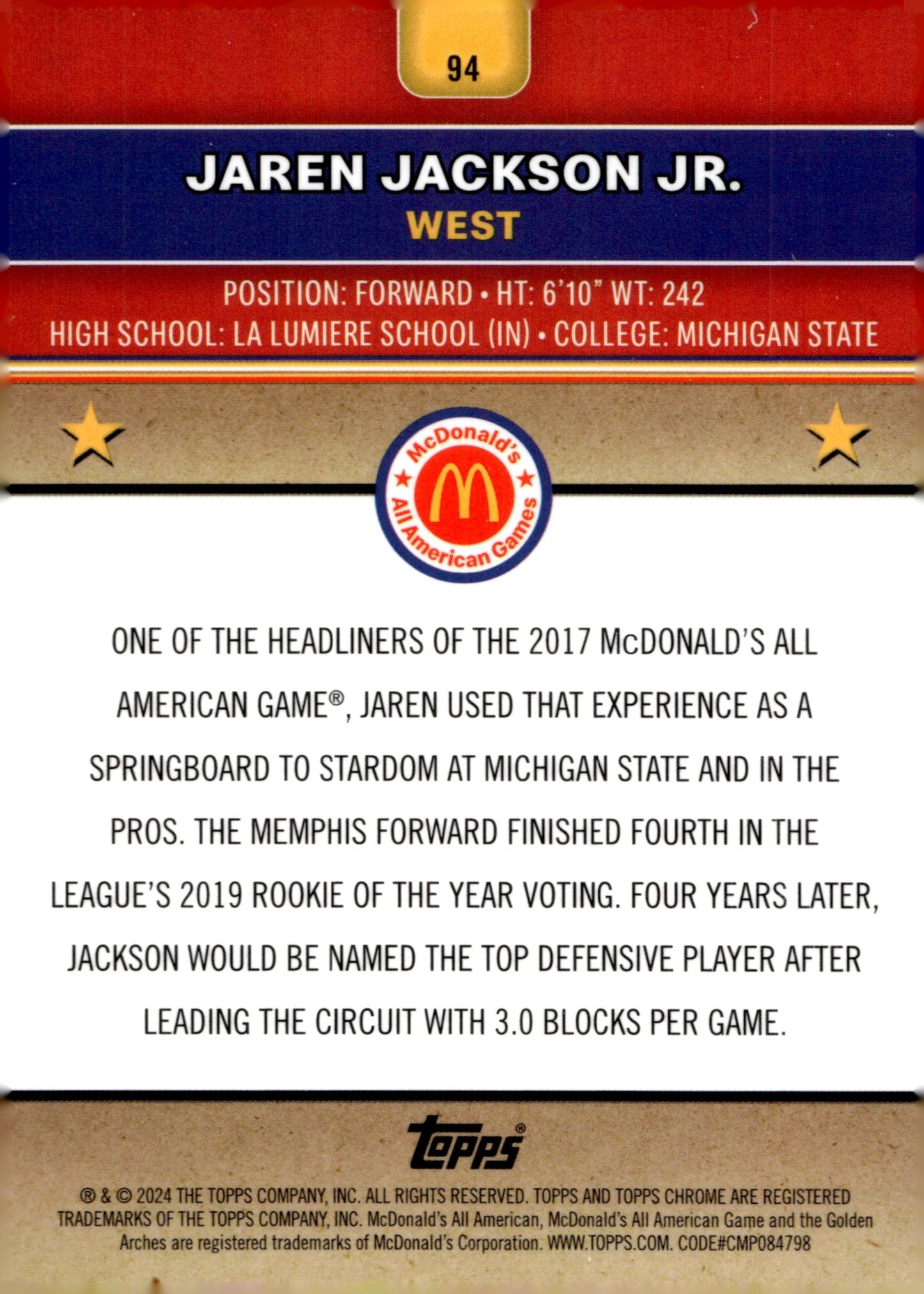Jaren Jackson Jr. 2024 Topps Chrome McDonald's All American Blue Ray Wave #94 - Collector Store LLC