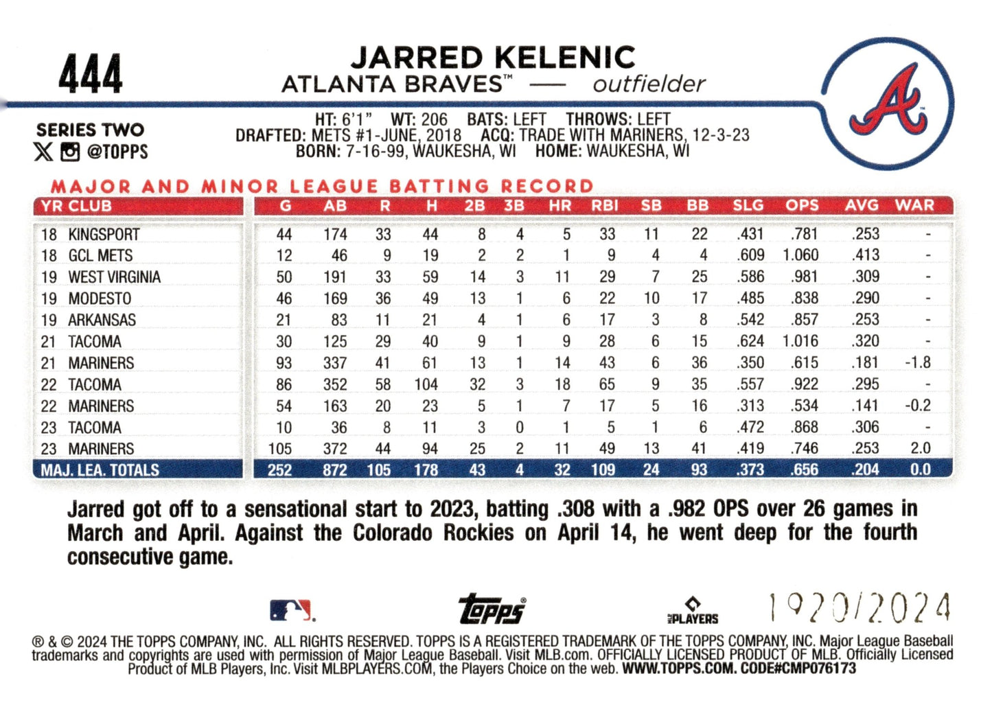 Jarred Kelenic 2024 Topps Series 2 Gold 1920/2024 #444 - Collector Store LLC