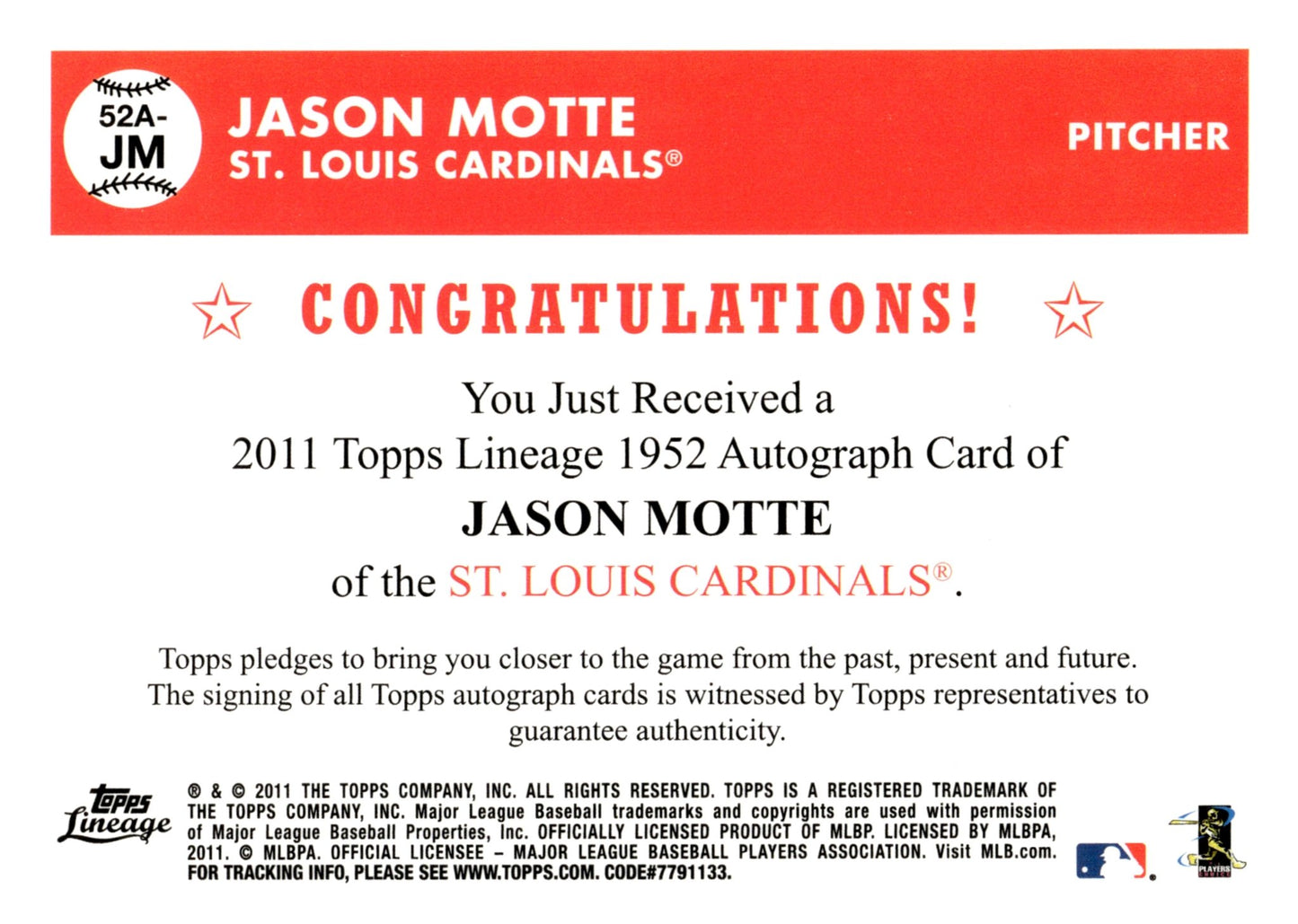 Jason Motte 2011 Topps Lineage Auto #52A - JM - Collector Store LLC