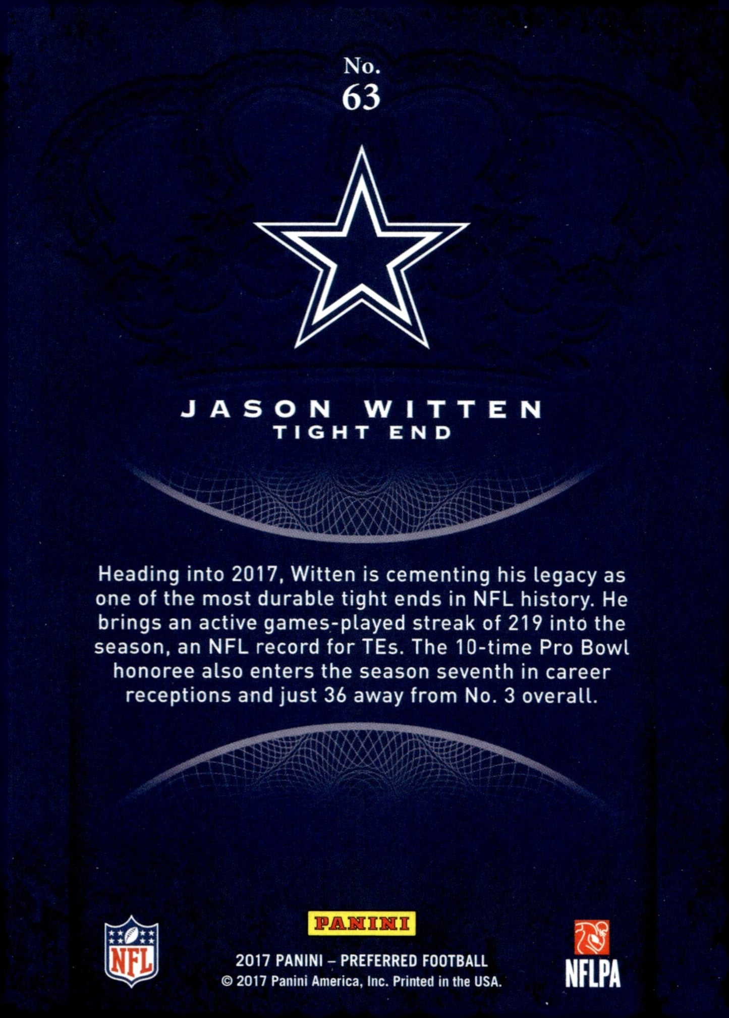 Jason Witten 2017 Panini Preferred Crown Royale Purple 003/249 #63 - Collector Store LLC