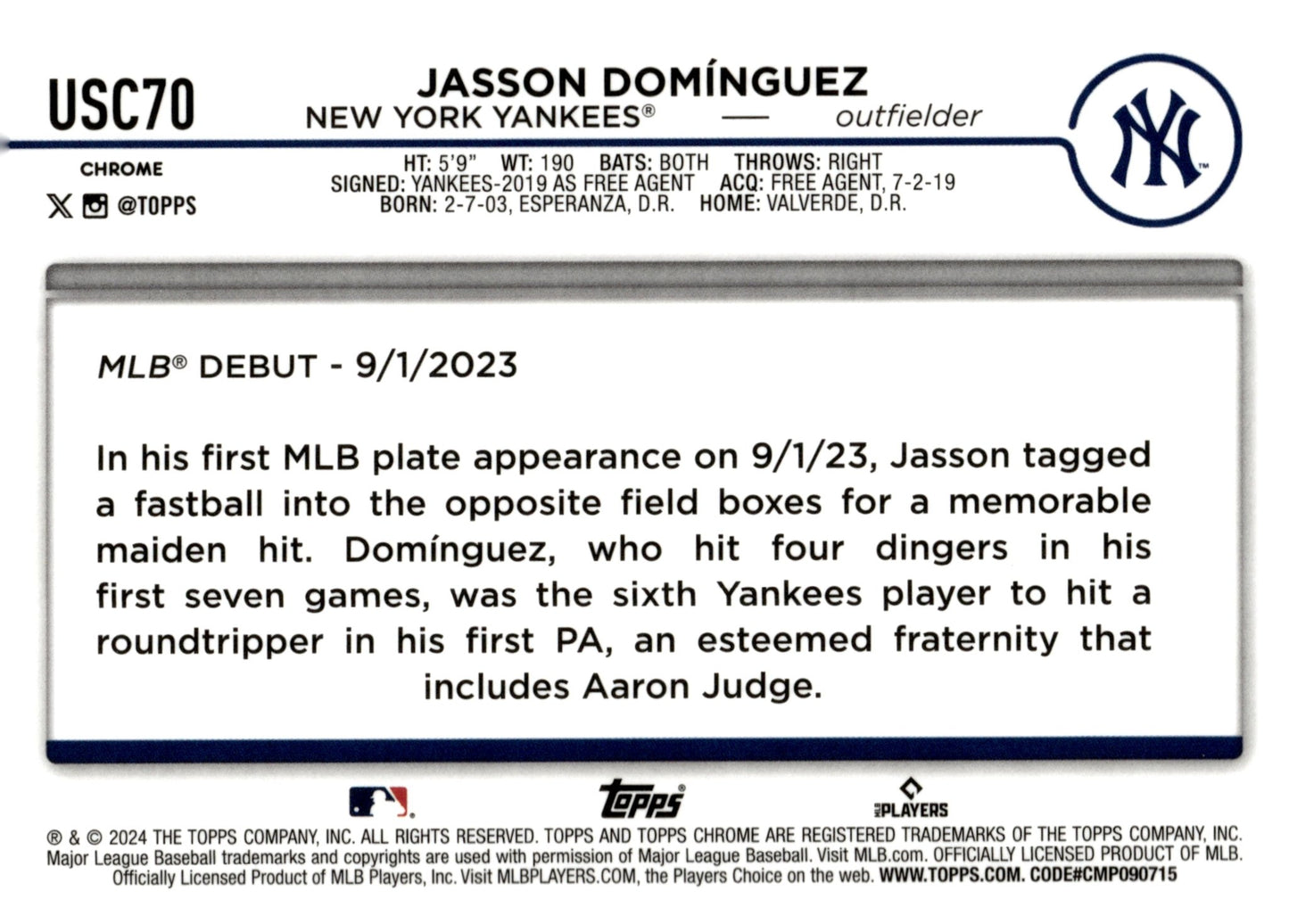 Jasson Dominguez 2024 Topps Chrome RC #USC70 - Collector Store LLC