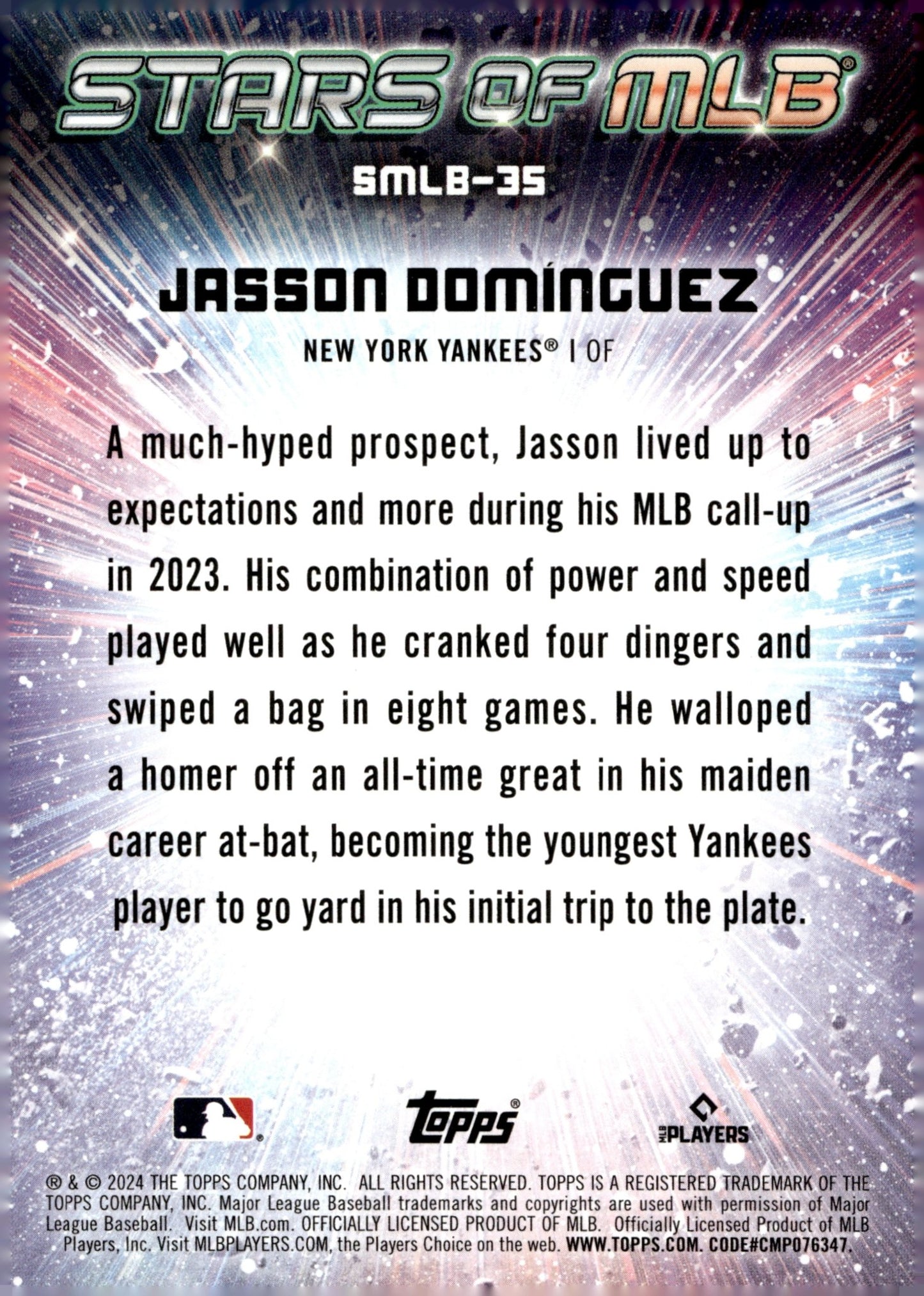 Jasson Dominguez 2024 Topps Series 2 Stars of MLB Foil RC #SMLB - 35 #3 - Collector Store LLC