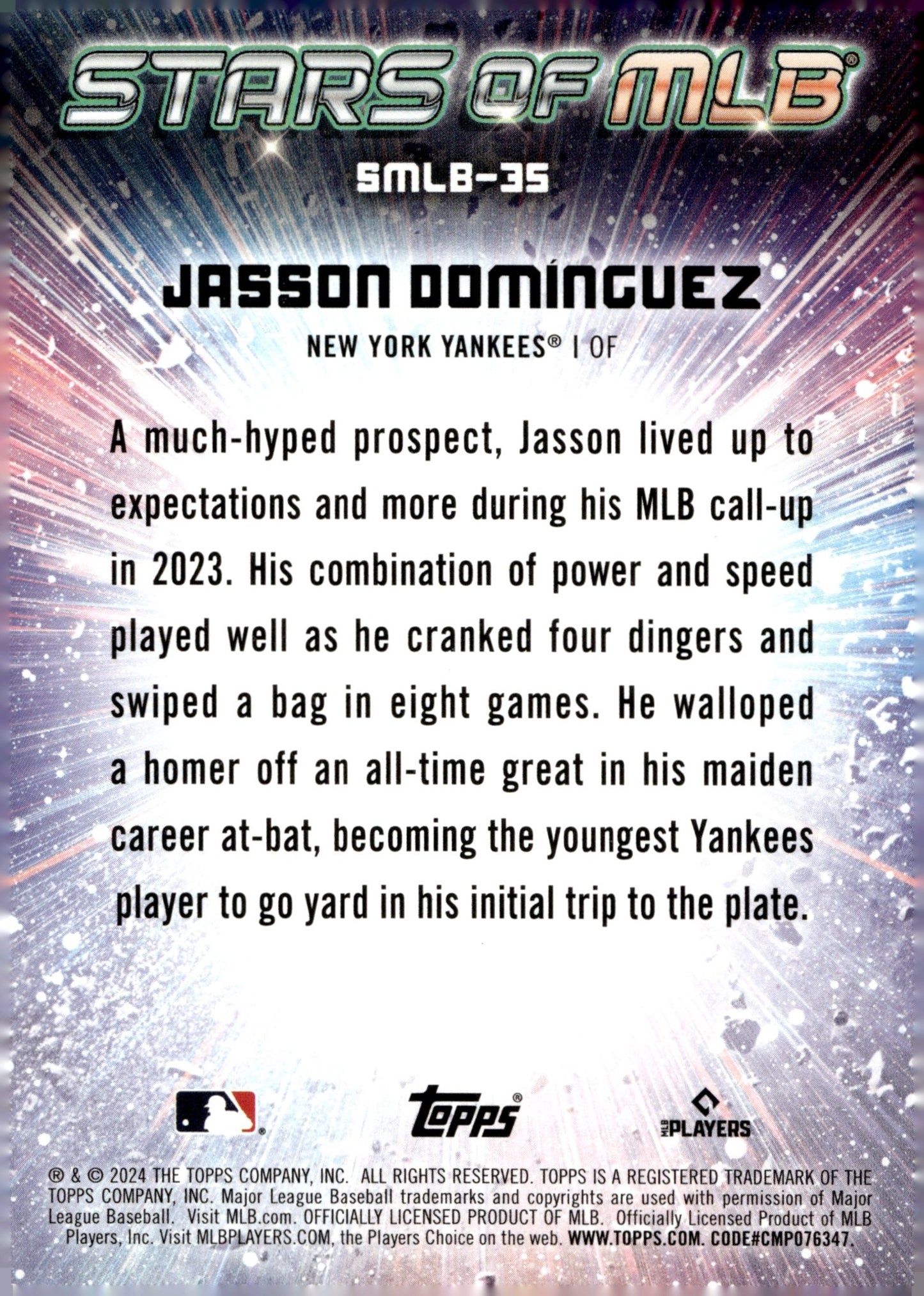 Jasson Dominguez 2024 Topps Series 2 Stars of MLB Foil RC #SMLB - 35 #4 - Collector Store LLC