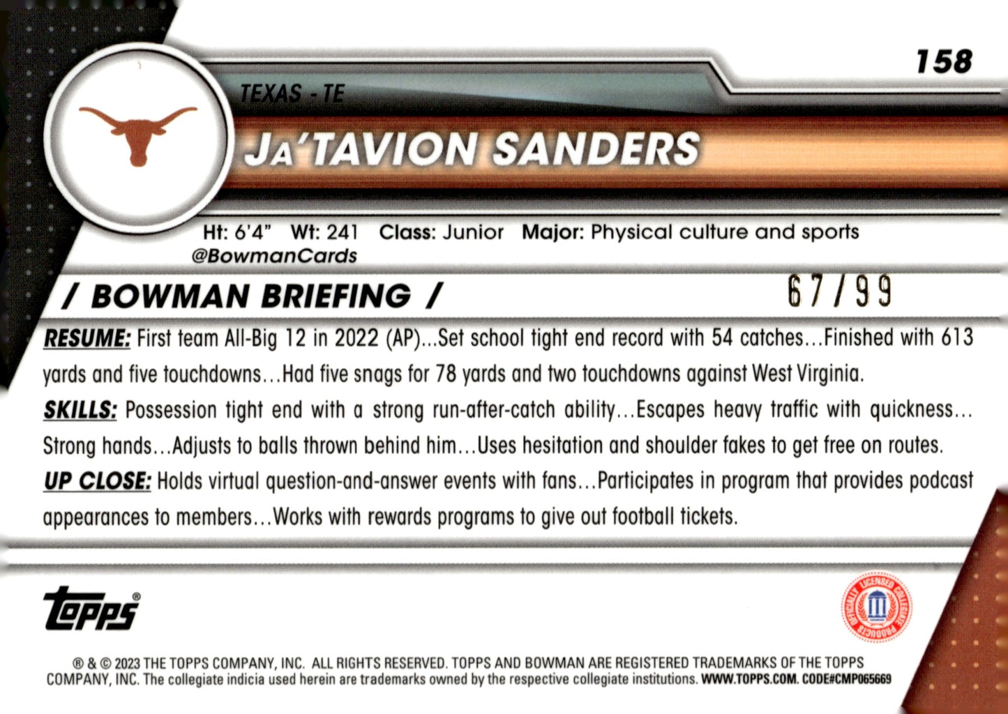 Ja'Tavion Sanders 2023 Bowman Chrome University Green Shimmer Refractor 67/99 - Collector Store LLC