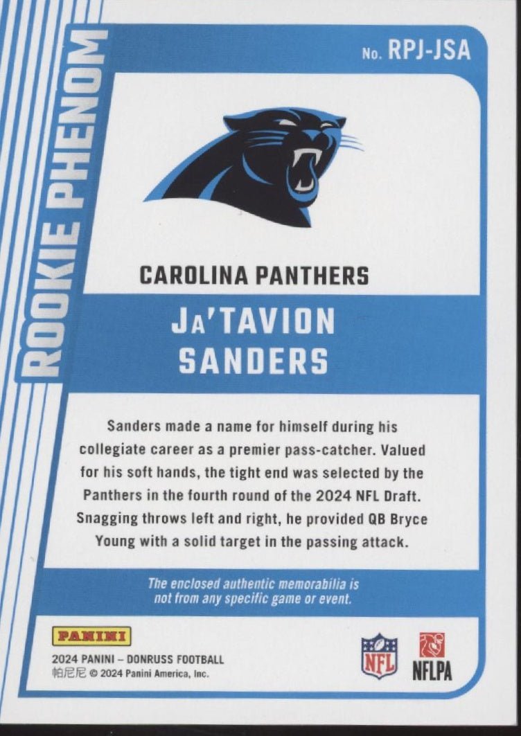Ja'Tavion Sanders 2024 Panini Donruss Rookie Phenom Swatch RC #RPJ - JSA - Collector Store LLC