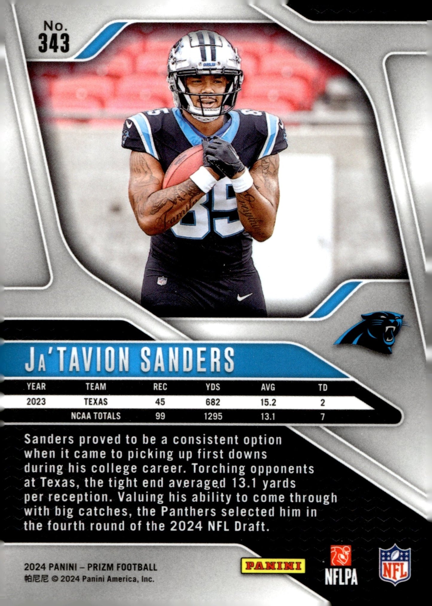 Ja'Tavion Sanders 2024 Panini Prizm RC #343 - Collector Store LLC