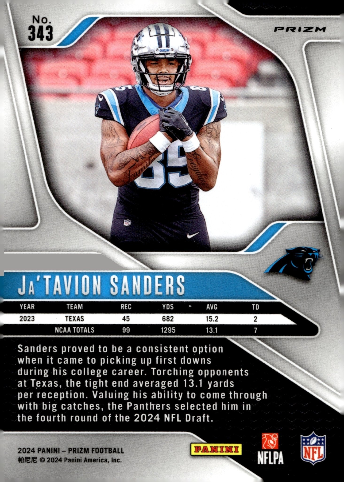Ja'Tavion Sanders 2024 Panini Prizm Silver Prizm RC #343 - Collector Store LLC