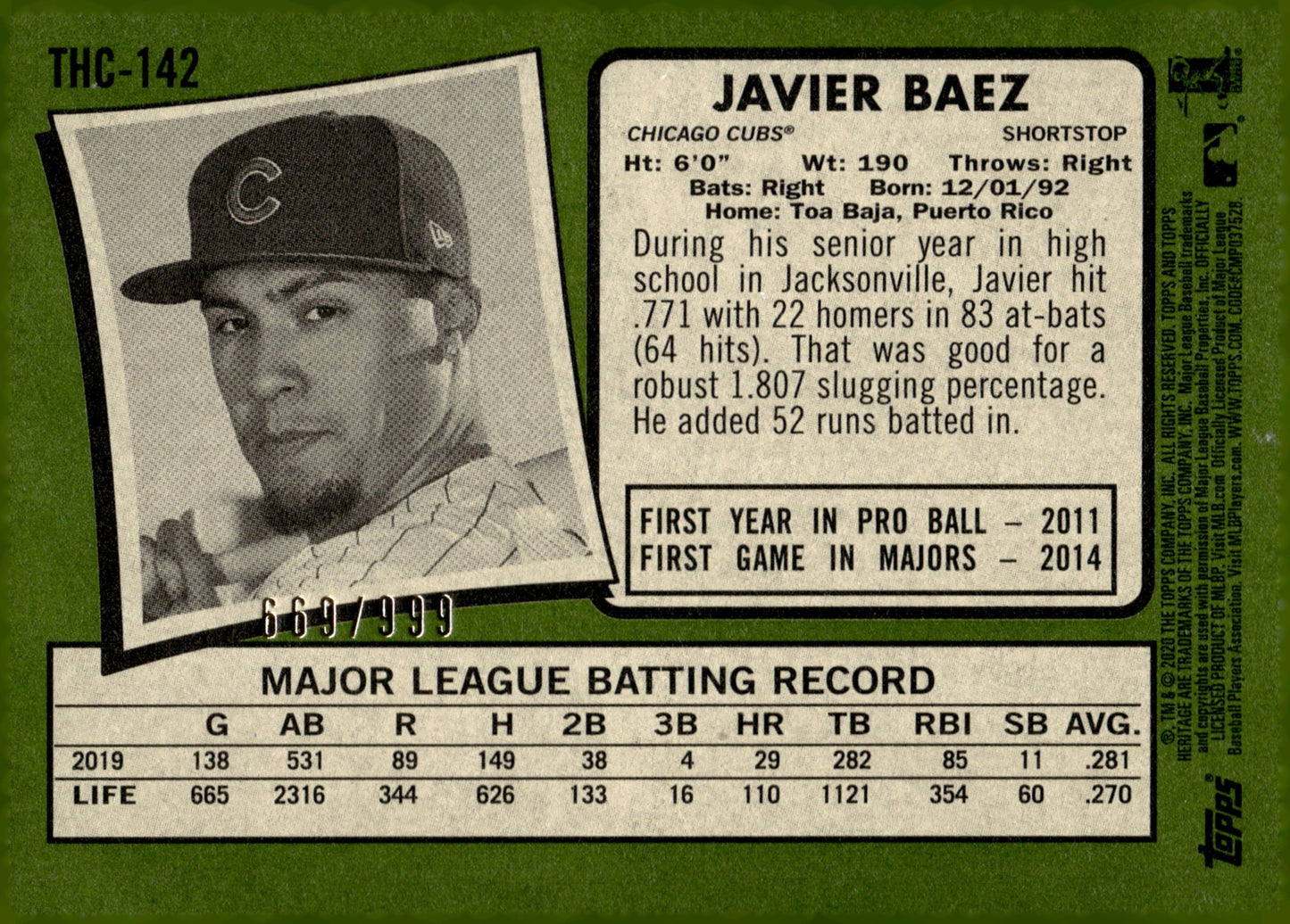 Javier Baez 2020 Topps Chrome Heritage Black 669/999 #THC - 142 - Collector Store LLC