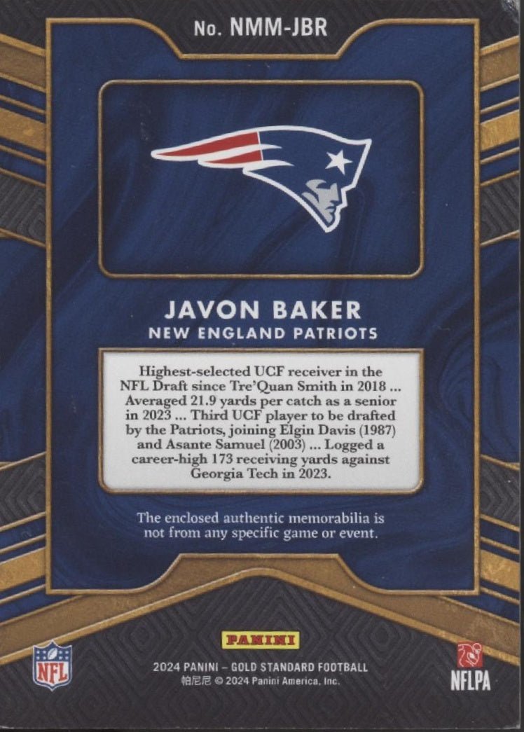Javon Baker 2024 Panini Gold Standard Newly Minted Swatch RC 073/499 #NMM - JBR - Collector Store LLC