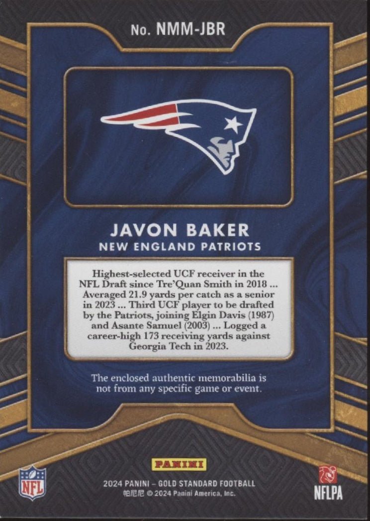 Javon Baker 2024 Panini Gold Standard Newly Minted Swatch RC 180/499 #NMM - JBR - Collector Store LLC
