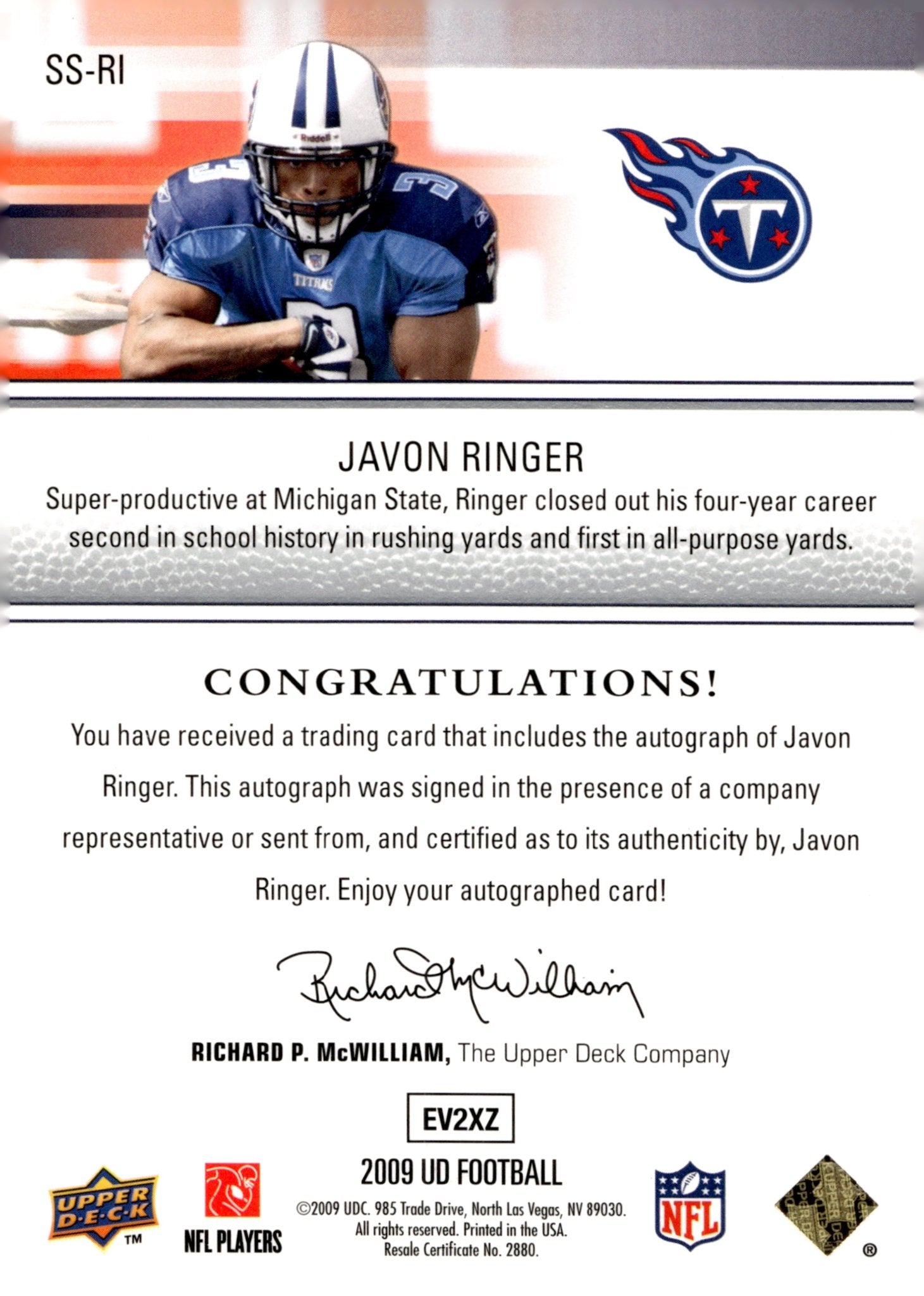 Javon Ringer 2009 Upper Deck Signature Shots Auto #SS - RI - Collector Store LLC