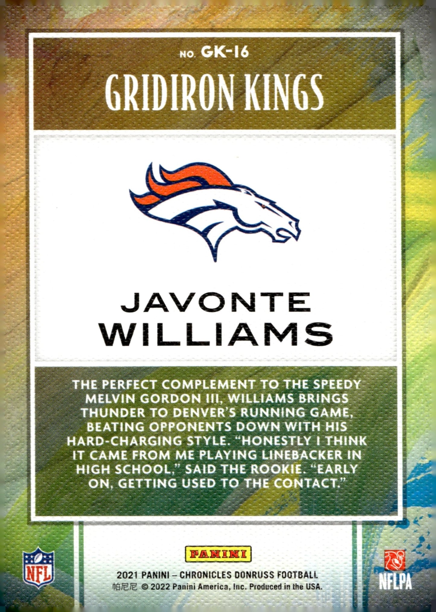 Javonte Williams 2021 Panini Chronicles Donruss Gridiron Kings Pink RC #GK - 16 - Collector Store LLC