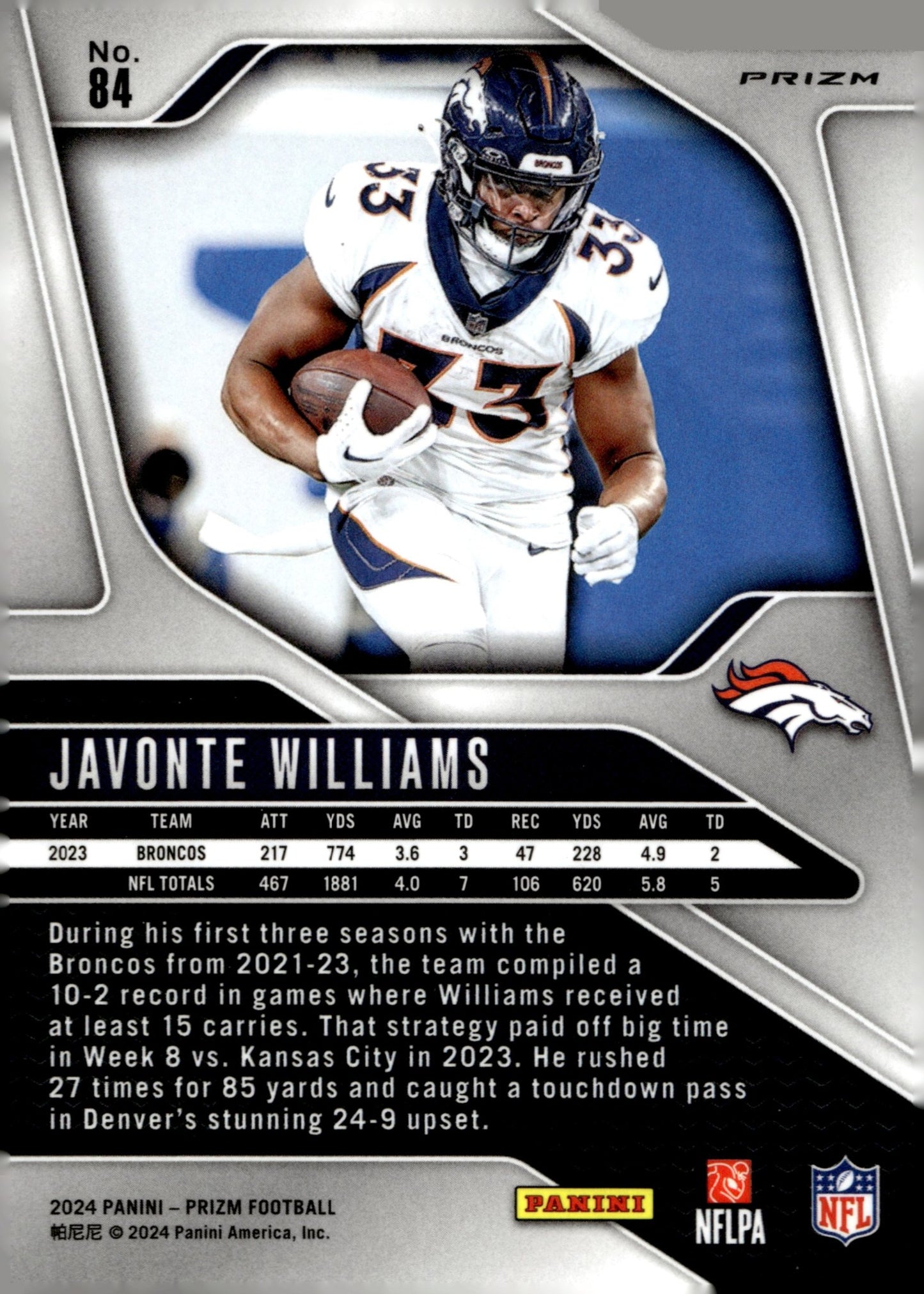 Javonte Williams 2024 Panini Prizm Red White & Blue Prizm - Collector Store LLC