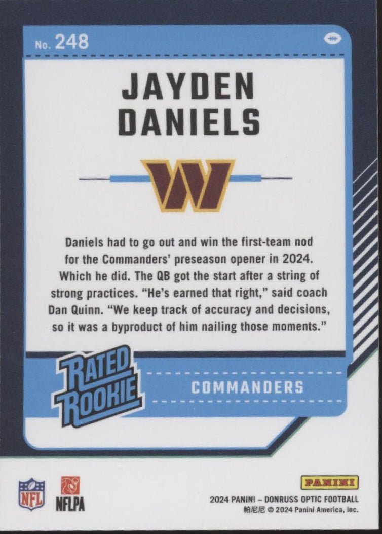Jayden Daniels 2024 Panini Donruss Optic Rated Rookie RC 248 3 - Collector Store LLC