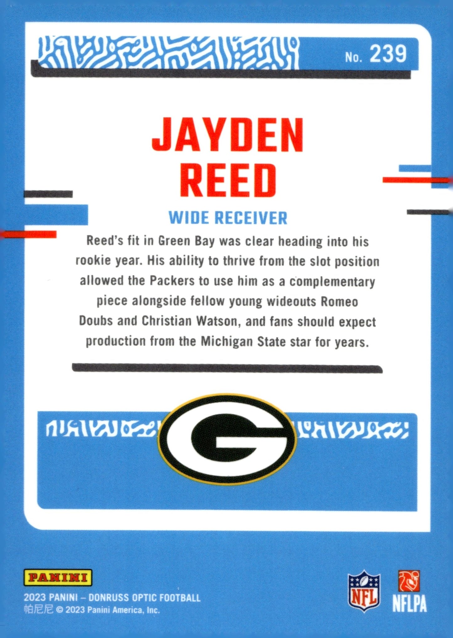 Jayden Reed 2023 Panini Donruss Optic Rated Rookie RC #239 - Collector Store LLC
