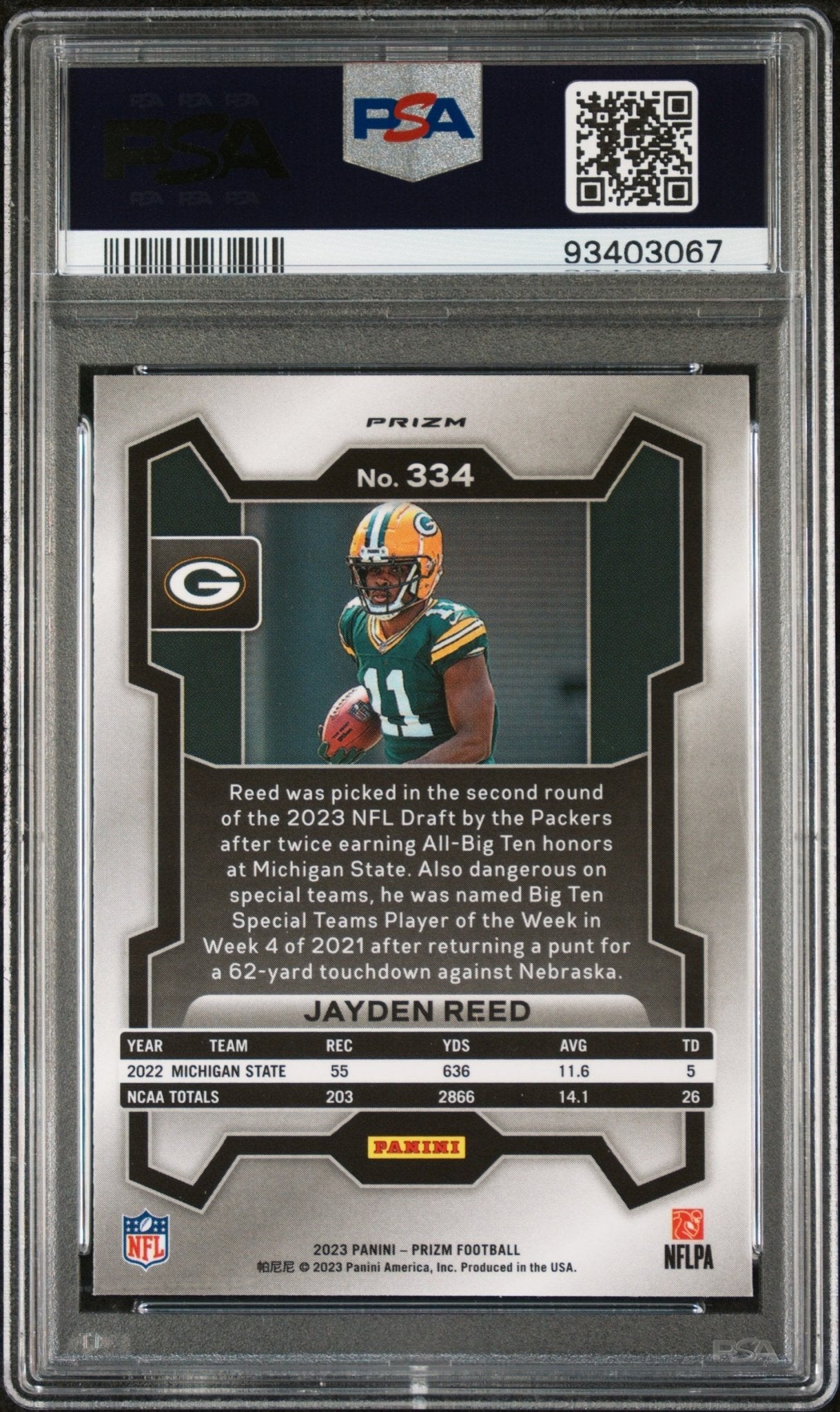 Jayden Reed 2023 Prizm Green Prizm RC #334 PSA 9 - Collector Store LLC