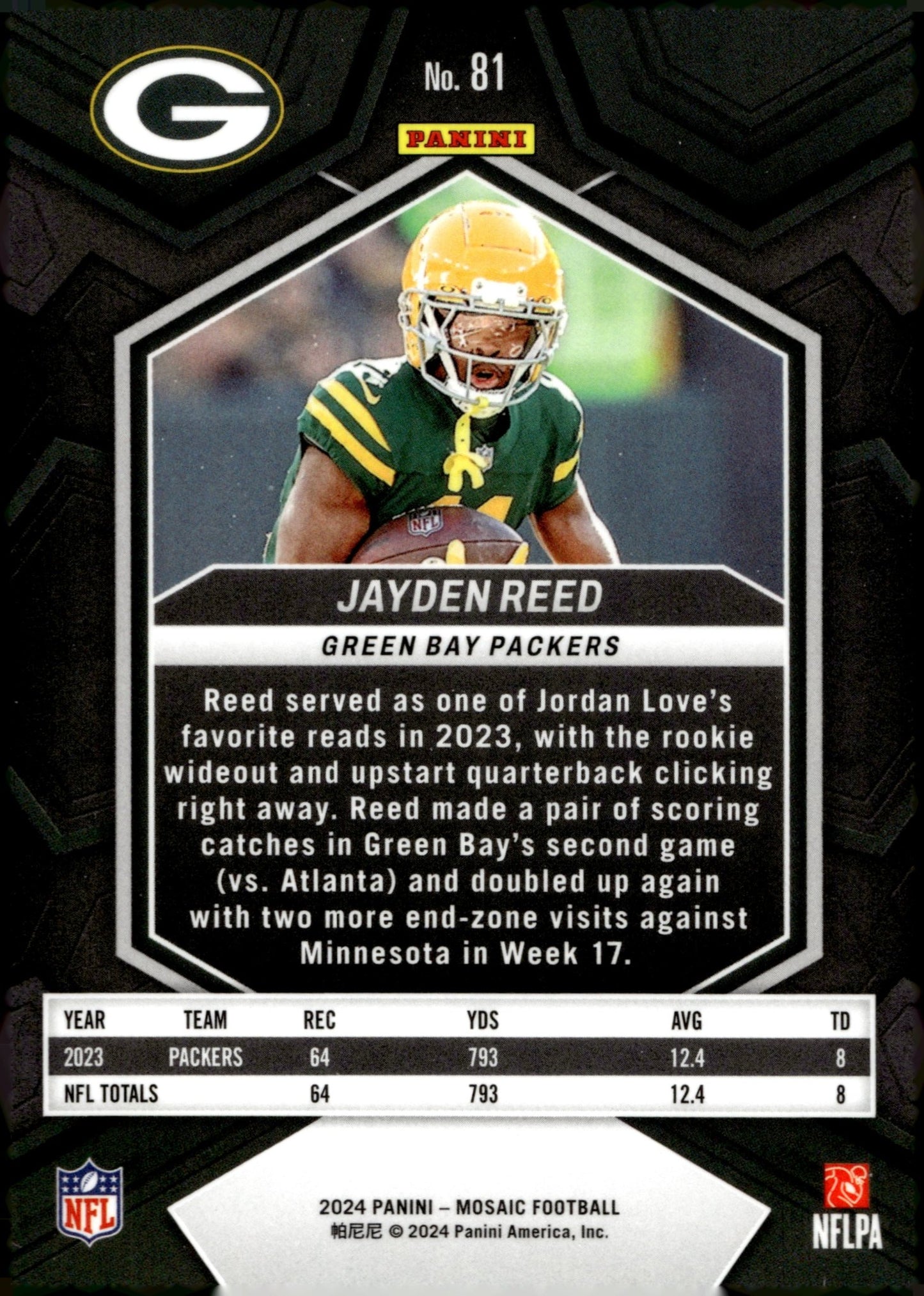 Jayden Reed 2024 Panini Mosaic #81 - Collector Store LLC
