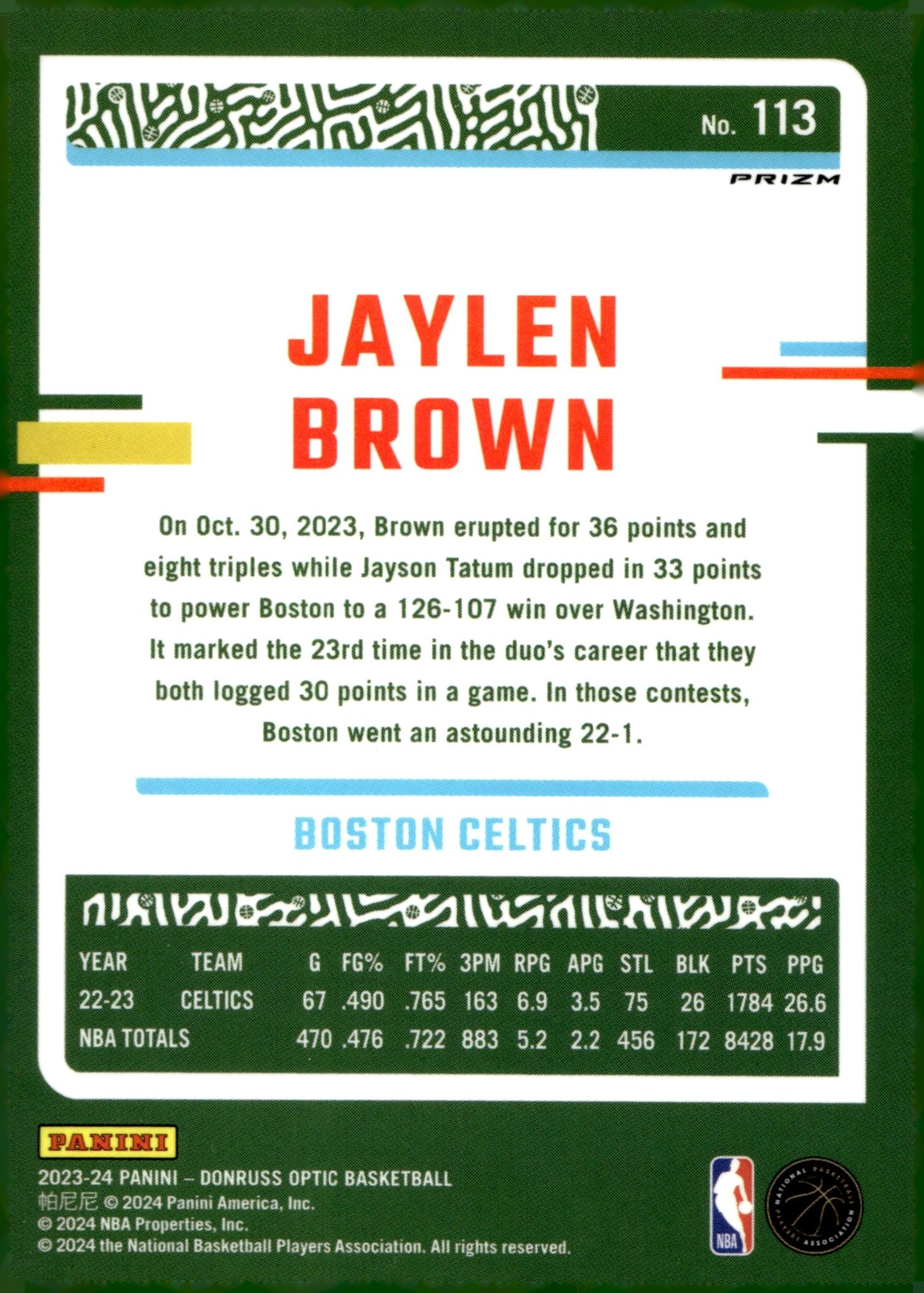 Jaylen Brown 2023 - 24 Panini Donruss Optic Pink Prism Prizm #113 #1 - Collector Store LLC