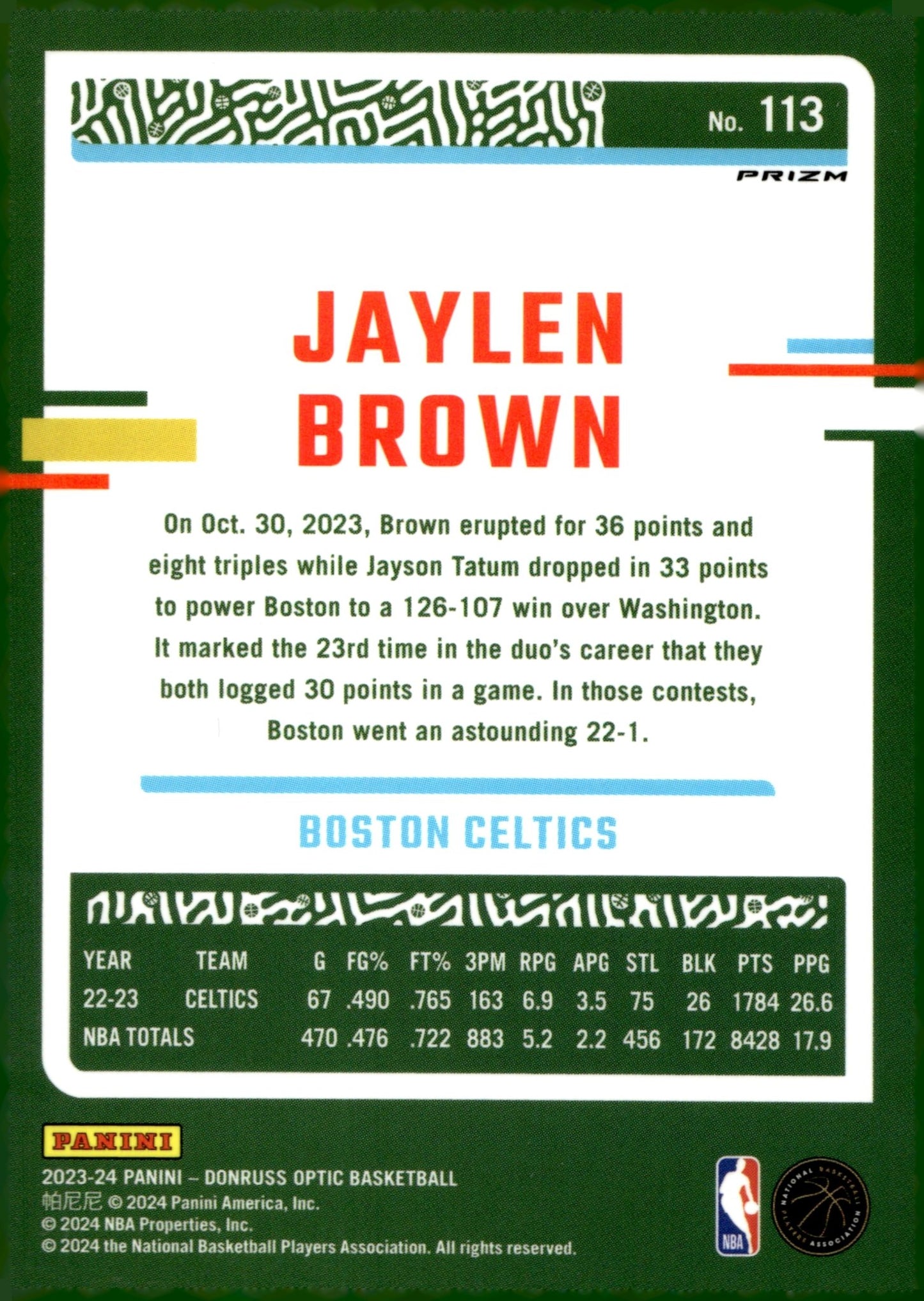 Jaylen Brown 2023 - 24 Panini Donruss Optic Pink Prism Prizm #113 #2 - Collector Store LLC