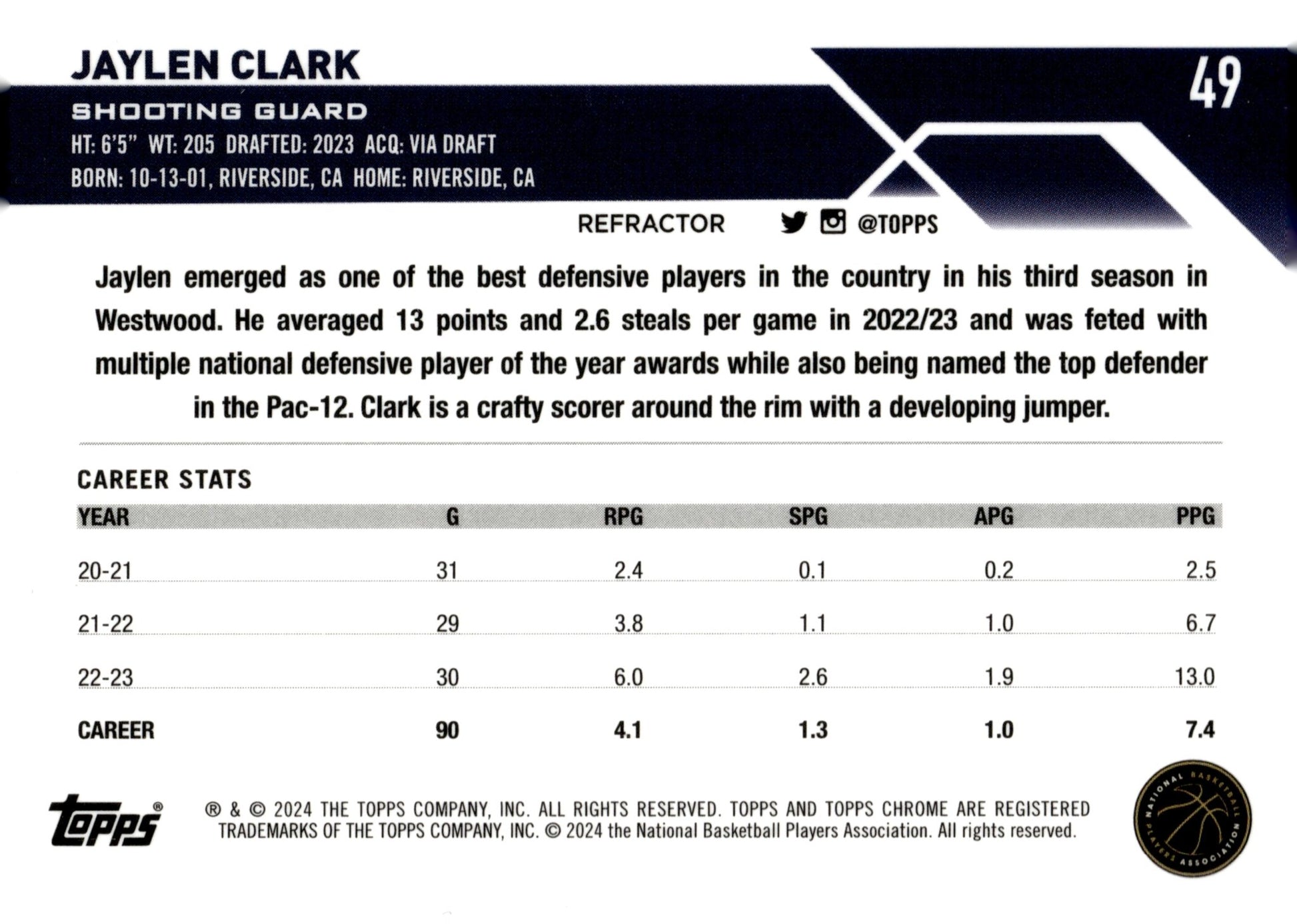 Jaylen Clark 2024 Topps Chrome Refractor RC #49 - Collector Store LLC