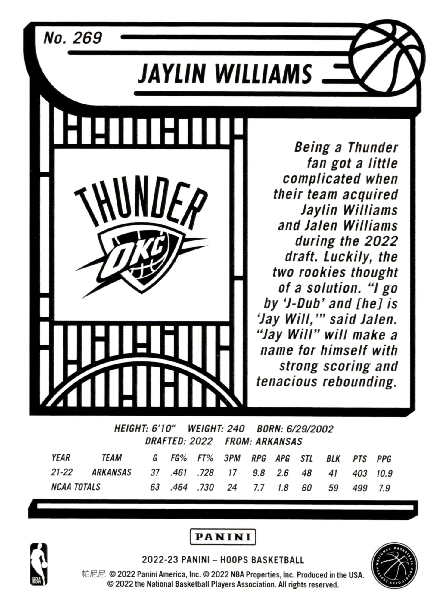 Jaylin Williams 2022 - 23 Panini Hoops RC #269 - Collector Store LLC